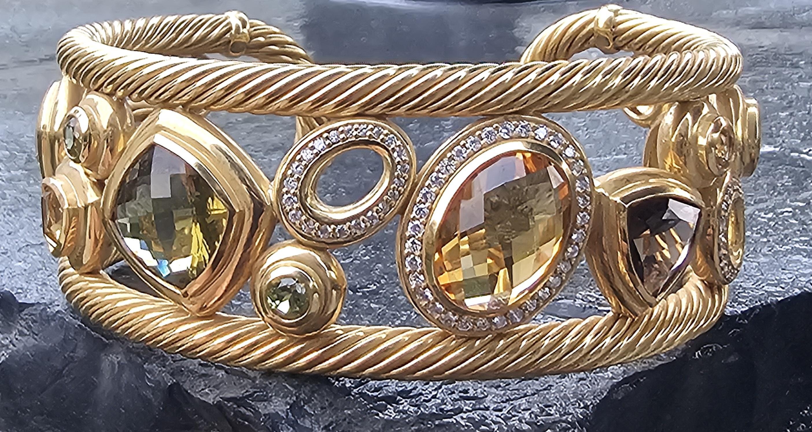 Taglio rotondo David Yurman Mosaic Bangle Cuff Bracelet 18k Yellow Gold Diamond 63.1g 6.5