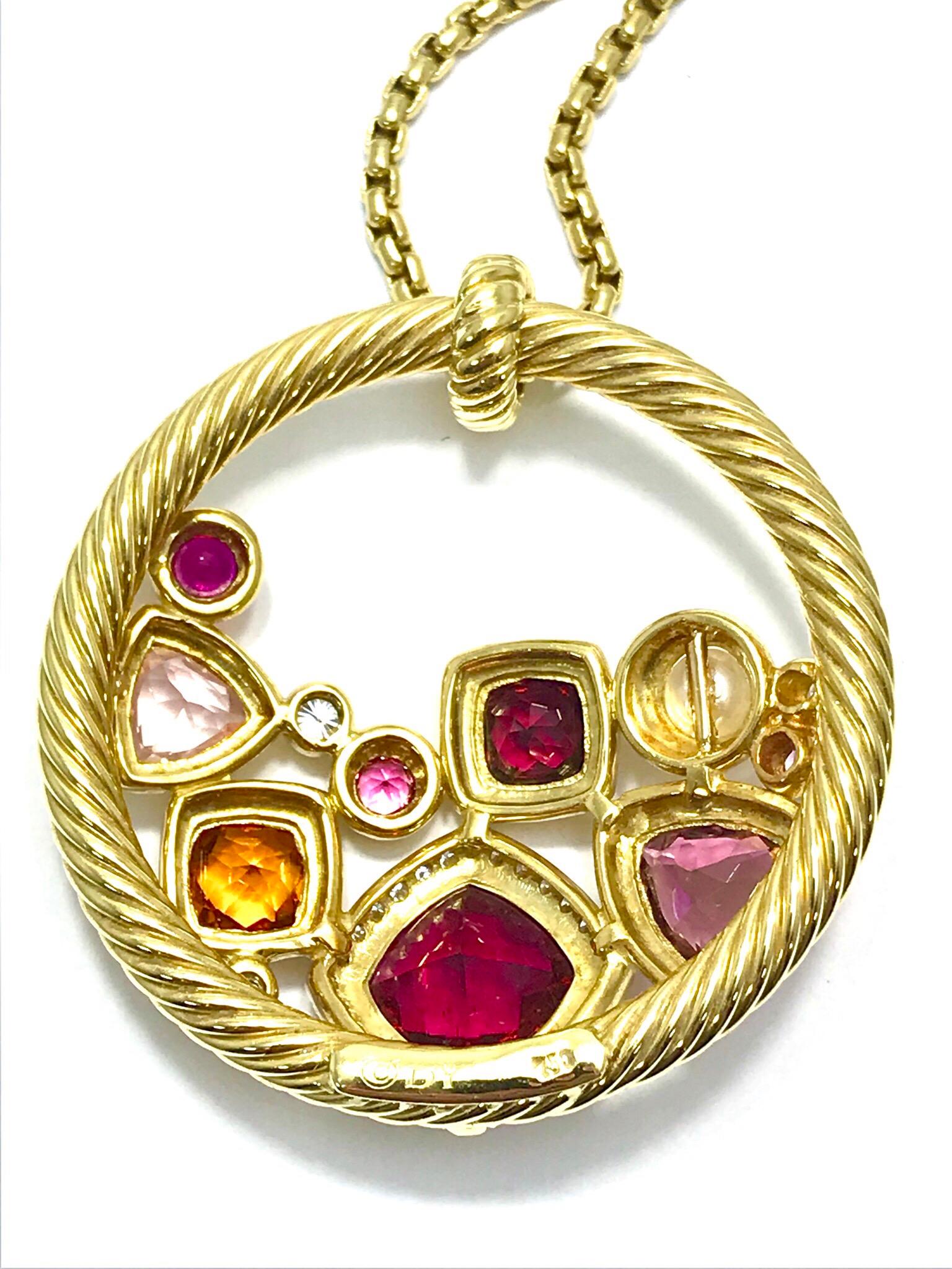 Women's or Men's David Yurman Mosaic Diamond and Multi Gemstone Yellow Gold Pendant and Chain