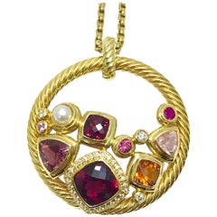 David Yurman Mosaic Diamond and Multi Gemstone Yellow Gold Pendant and Chain