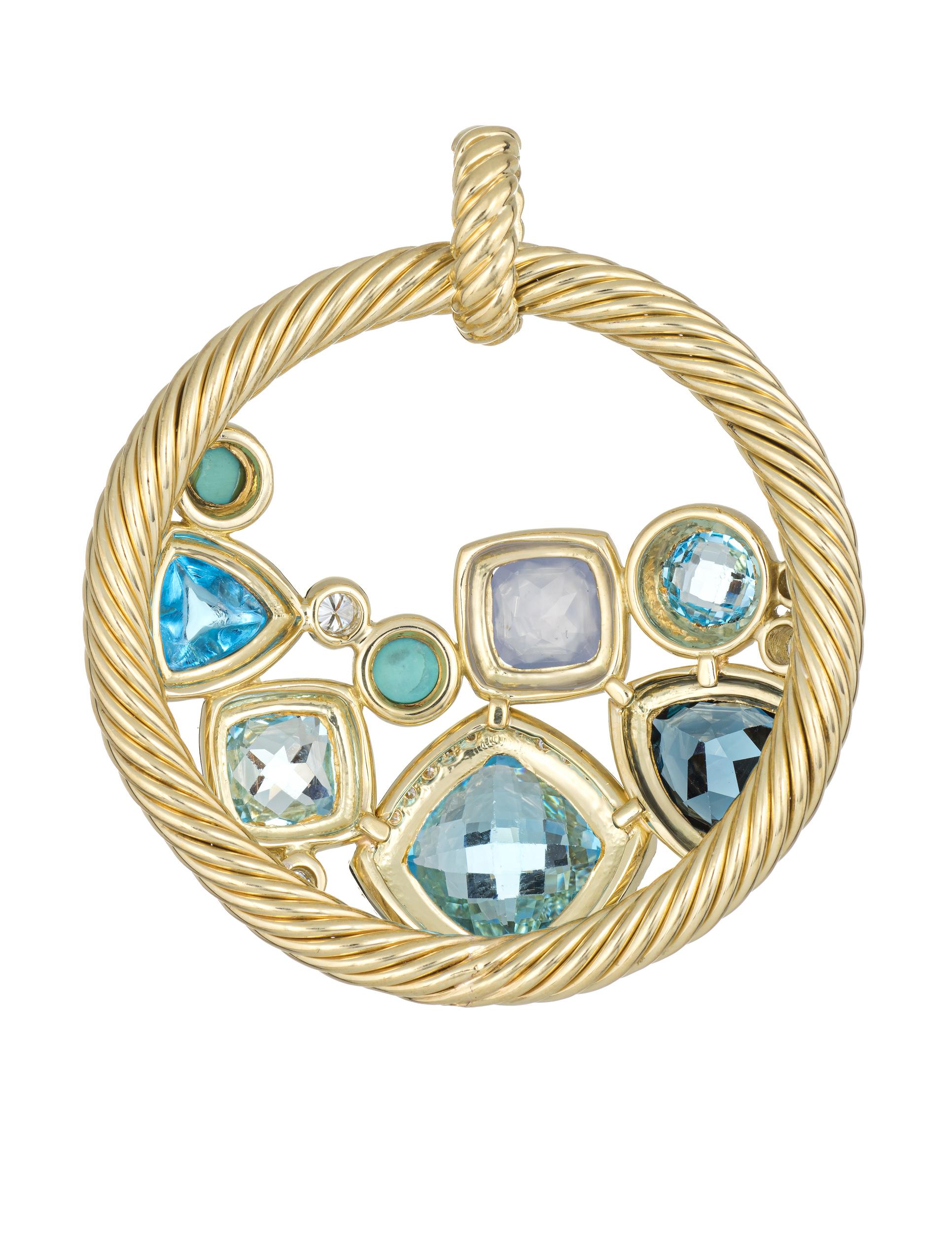 Finely detailed pre-owned David Yurman mosaic pendant crafted in 18 karat yellow gold. 

Diamonds total an estimated 0.50 carats (estimated at H-I color and SI1-I1 clarity). Blue topaz, turquoise, and chalcedony are set into the mount. The gemstones