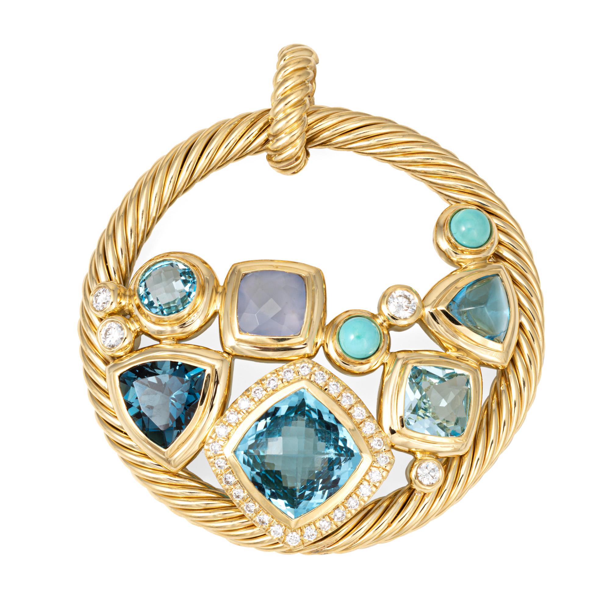 Contemporary David Yurman Mosaic Pendant Estate 18k Yellow Gold Blue Topaz Turquoise Diamond For Sale