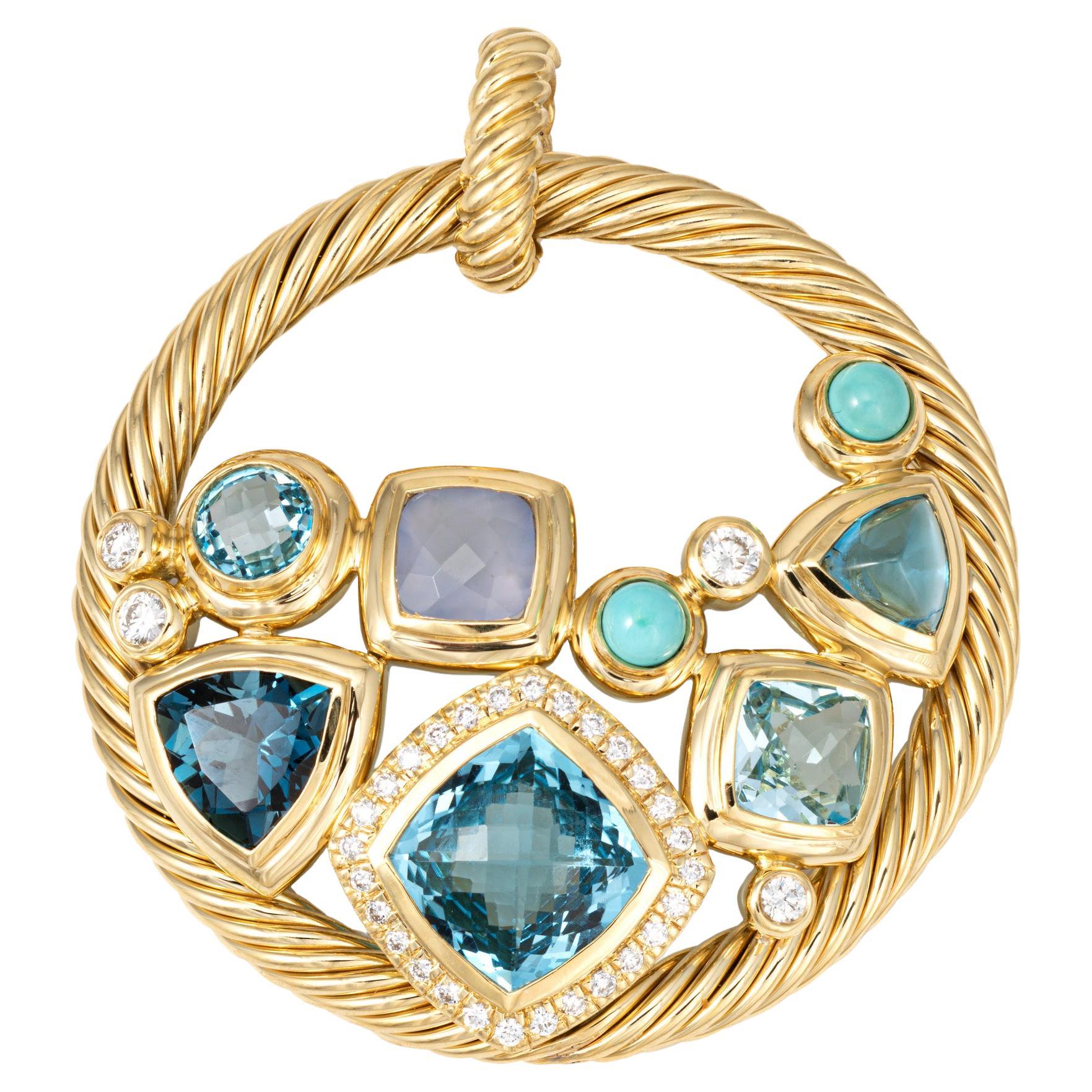 David Yurman Mosaic Pendant Estate 18k Yellow Gold Blue Topaz Turquoise Diamond For Sale