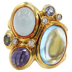 David Yurman Mosaic Yellow Gold Gemstone & Diamond Cluster Ring 