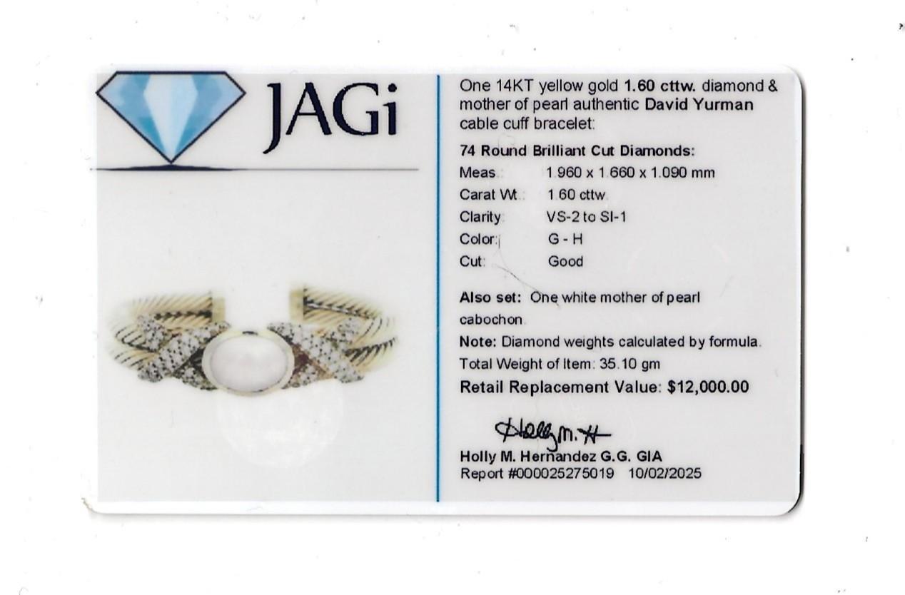 David Yurman Bracelet manchette en nacre et diamants en or jaune 14K en vente 1