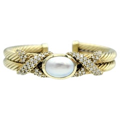 David Yurman Mother of Pearl and Diamond Cable Cuff Bracelet in 14K Yellow Gold