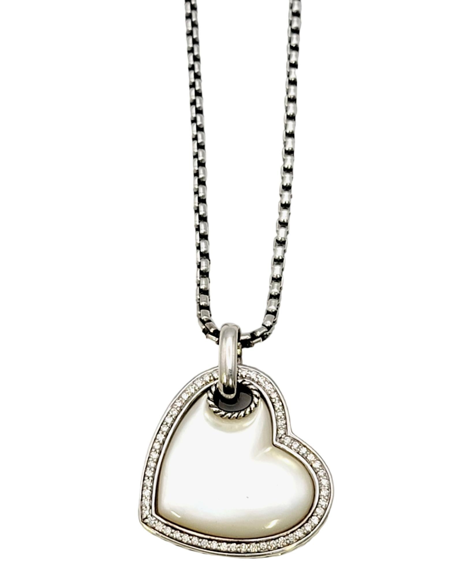 Romantic diamond and Mother of pearl heart necklace by popular jewelry designer, David Yurman. Founded in 1980 by artists David and Sybil Yurman, the company is, in their own words, “one long art project.” Their ability to fuse fashion, art and