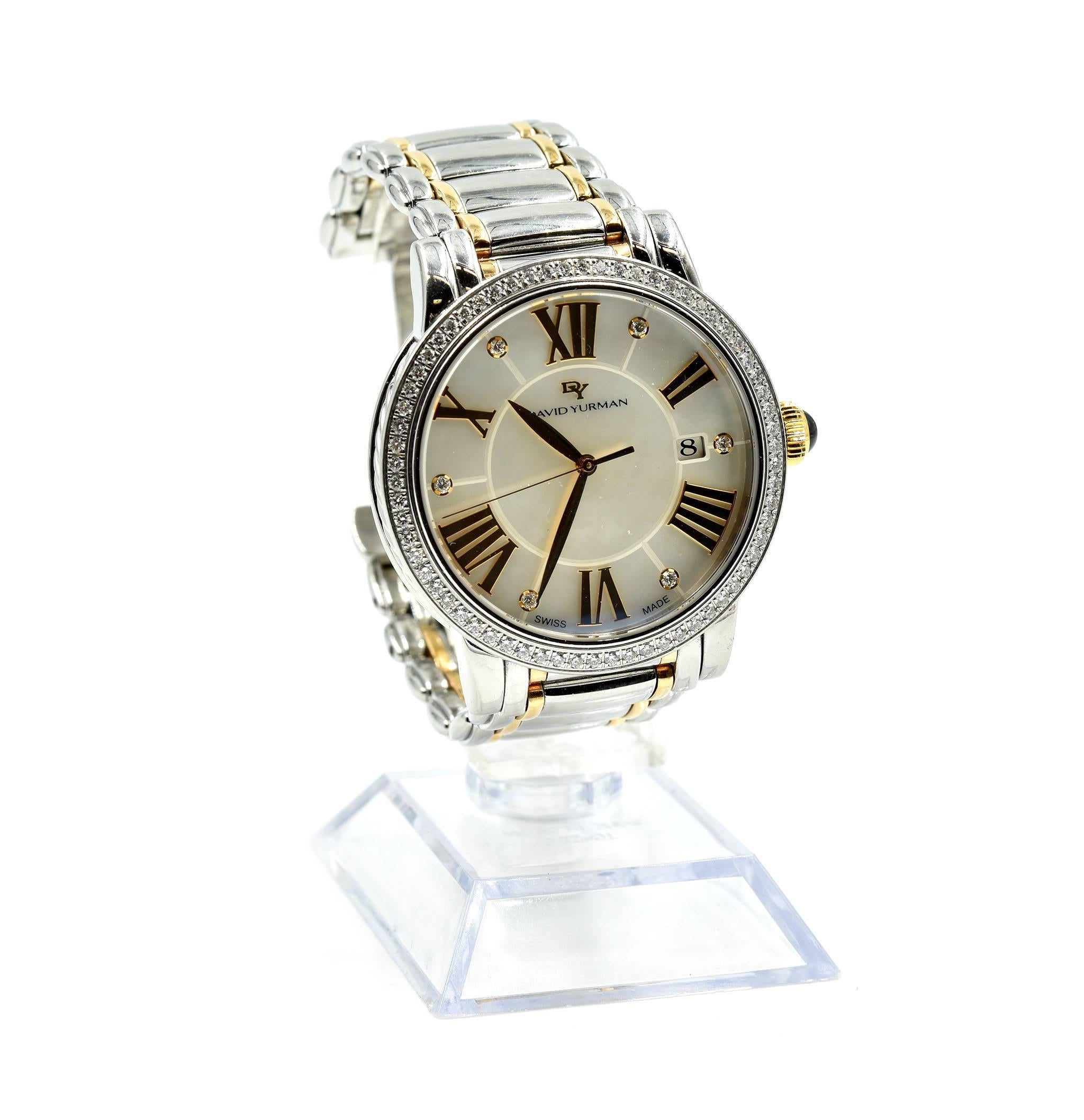 Movement: quartz
Function: hours, minutes, seconds, date
Case: round 38.40mm stainless steel case with cable design, diamonds on bezel, plastic crystal, solid case-back, water resistant to 30 meters
Dial: mother of pearl dial with diamonds on hour