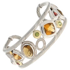 Vintage David Yurman Multi-Gemstone Mosaic Bracelet, Sterling and 18 Karat Gold Cuff