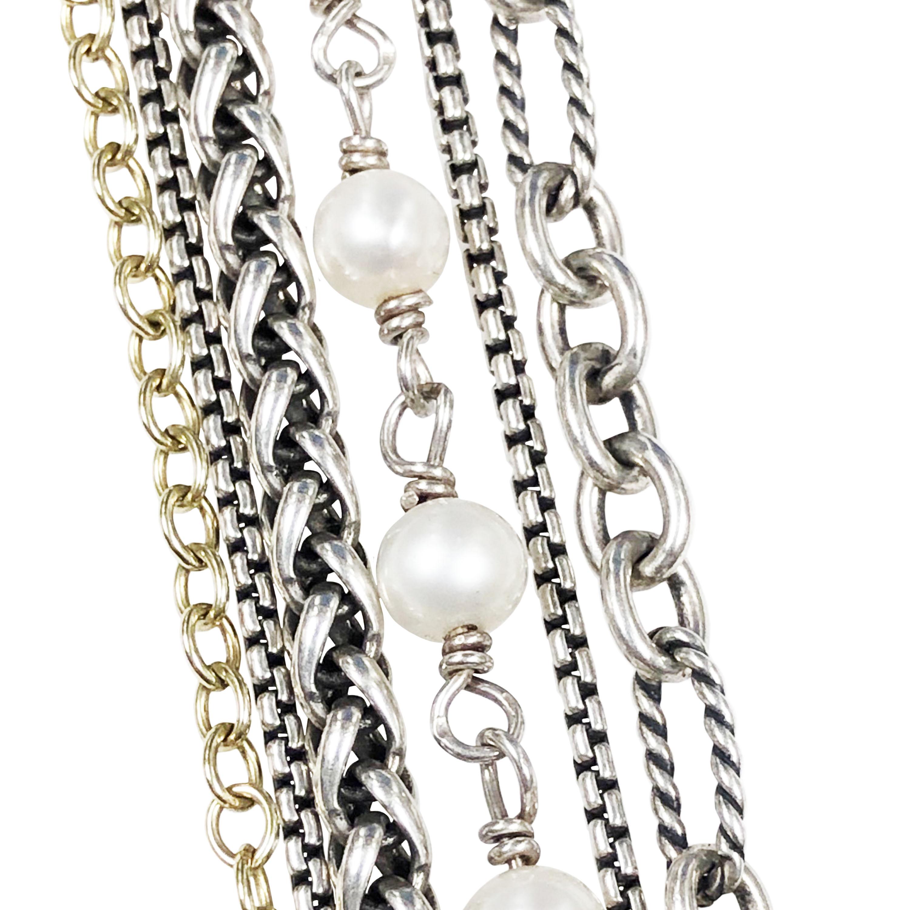 Circa 2010 David Yurman Multi Strand Necklace comprising several different link chain styles in Sterling Silver, Yellow Gold and 5 MM Round Cultured Pearls. Measuring 16 Inches in Length.