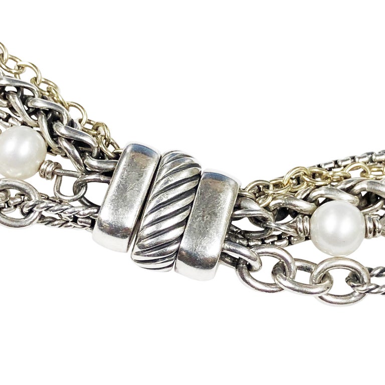 David Yurman Multi Strand Silver Gold and Pearls Necklace at 1stDibs