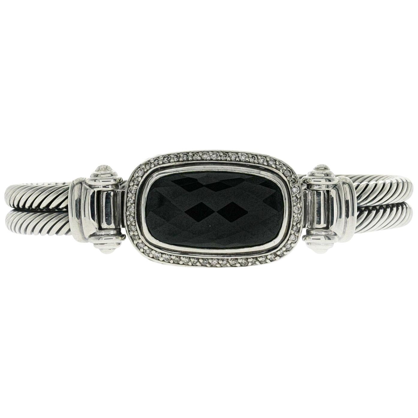 David Yurman Nobelesse 925 Silver Diamond and Black Onyx Cable Bracelet