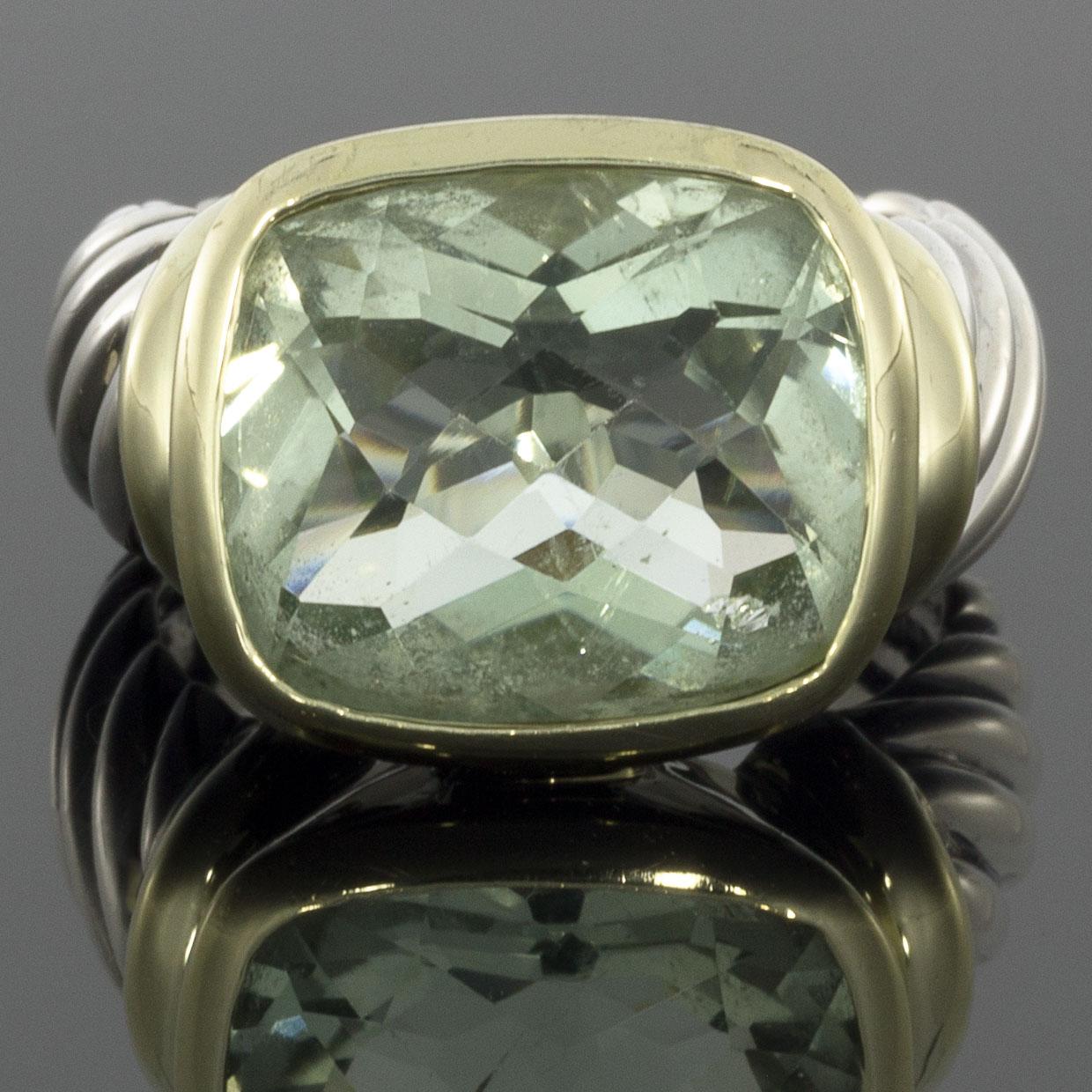 Item Details:
Estimated Retail - $1,100.00
Brand - David Yurman
Collection - Noblesse
Metal - 14 Karat Yellow Gold & 925 Sterling Silver
Style - Solitaire Ring
Ring Size - 7.00
Sizable - Yes
Width - 10.00 mm
Colored Stone Color - Green

Stone 1
