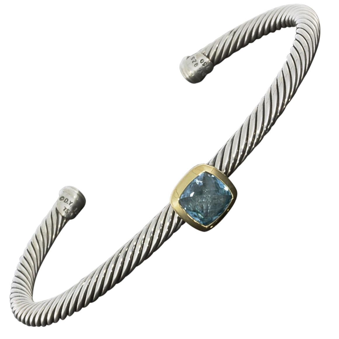David Yurman Noblesse Gold and Silver Cushion Cut Blue Topaz Cuff Bracelet