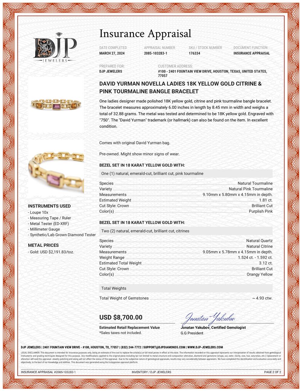 David Yurman Novella Ladies 18K Yellow Gold Pink Tourmaline Bangle Bracelet 2