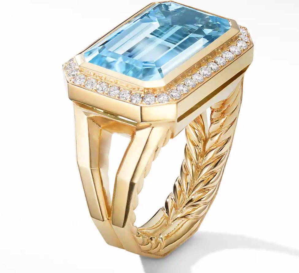 18-karat Yellow Gold
Blue Topaz
Pavé Diamonds, .43 total carat weight
Ring, 16mm
Ring size: 7
Comes with David Yurman box 
Retail: $6500