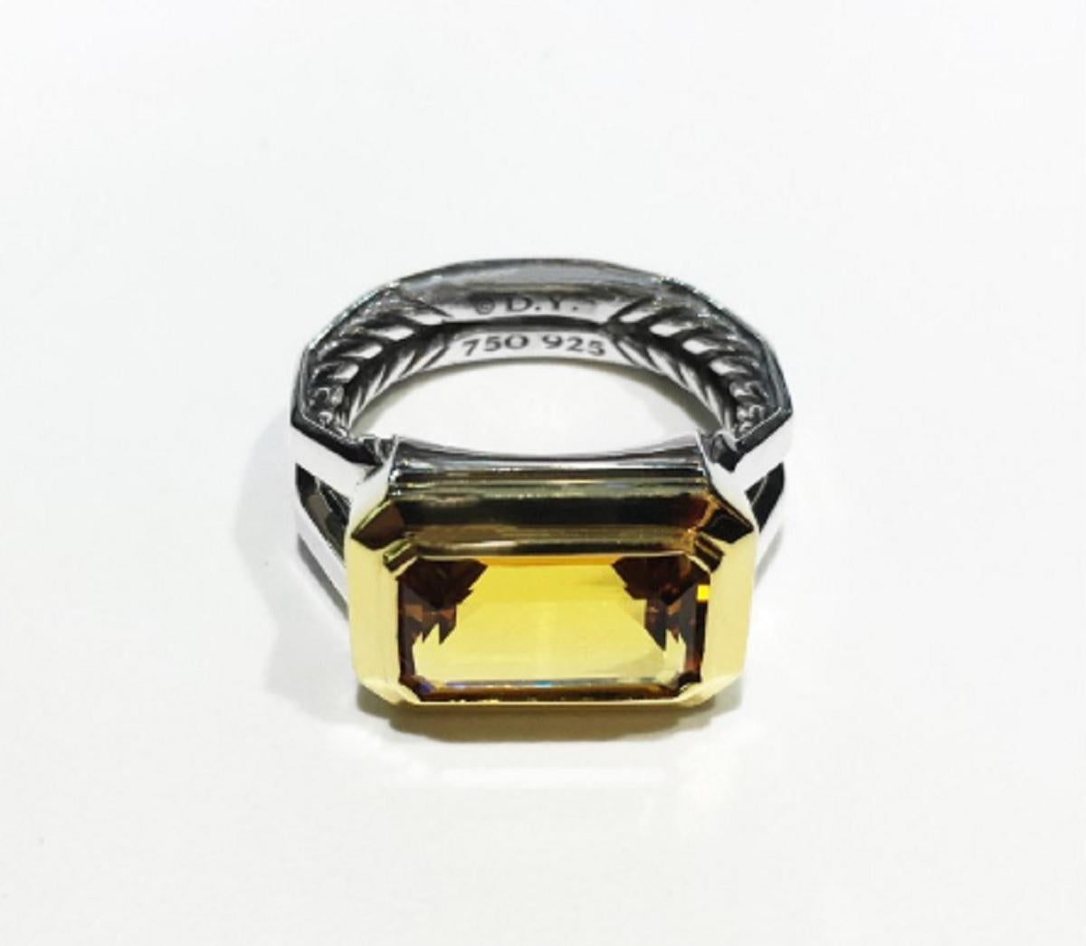 Brand: David Yurman
 Condition: Never Worn 
Metal: Sterling silver with 18K gold 
Gemstone: Emerald-cut citrine 13 x 8 mm 
Style: Split shoulders, tapered shank
 Ring size: 7
 Ring weight: 8.5 grams
 David Yurman pouch included
 RETAIL: $1950.00