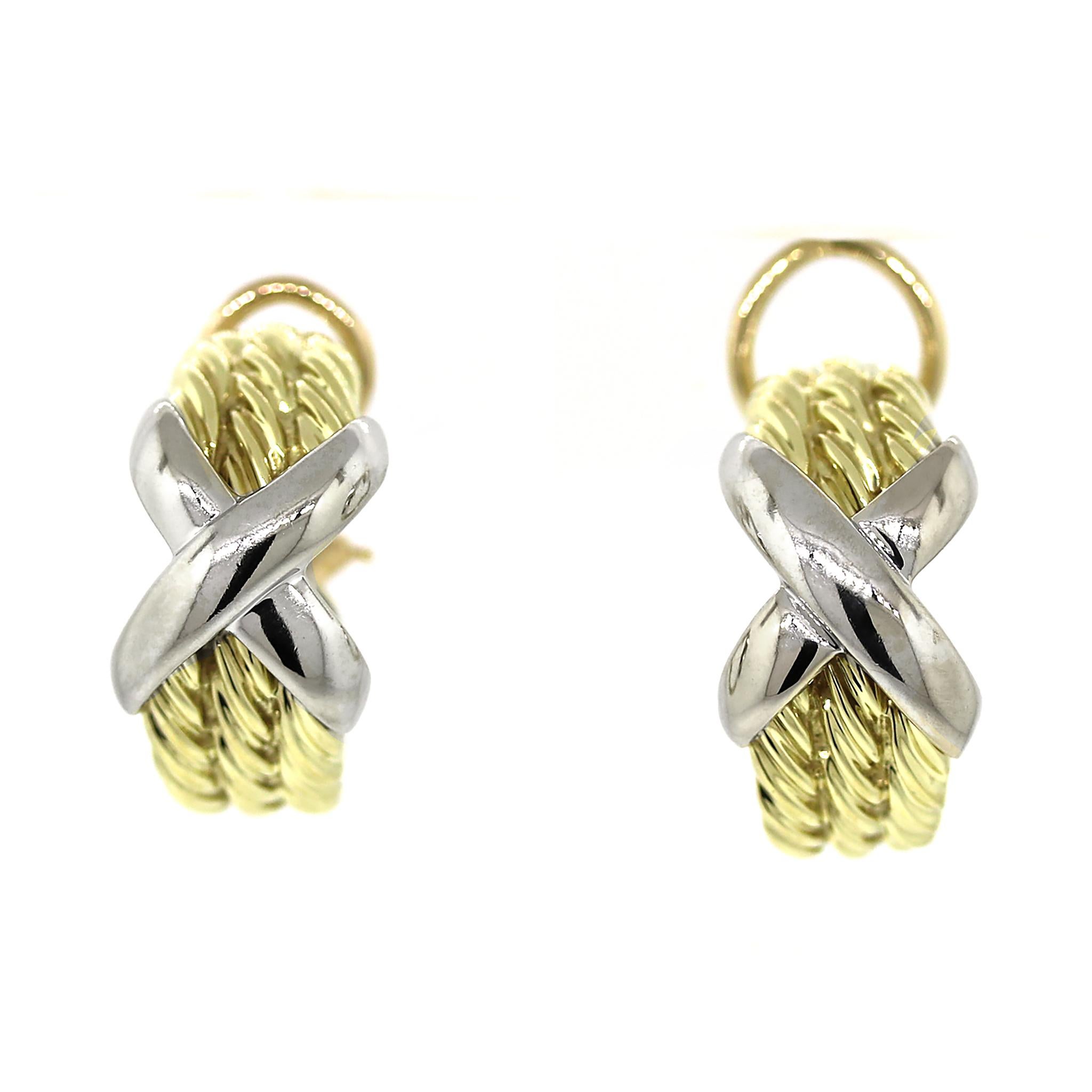 Women's David Yurman Omega Crossover Cable Huggie Hoop Earrings in 14 kt Gold For Sale
