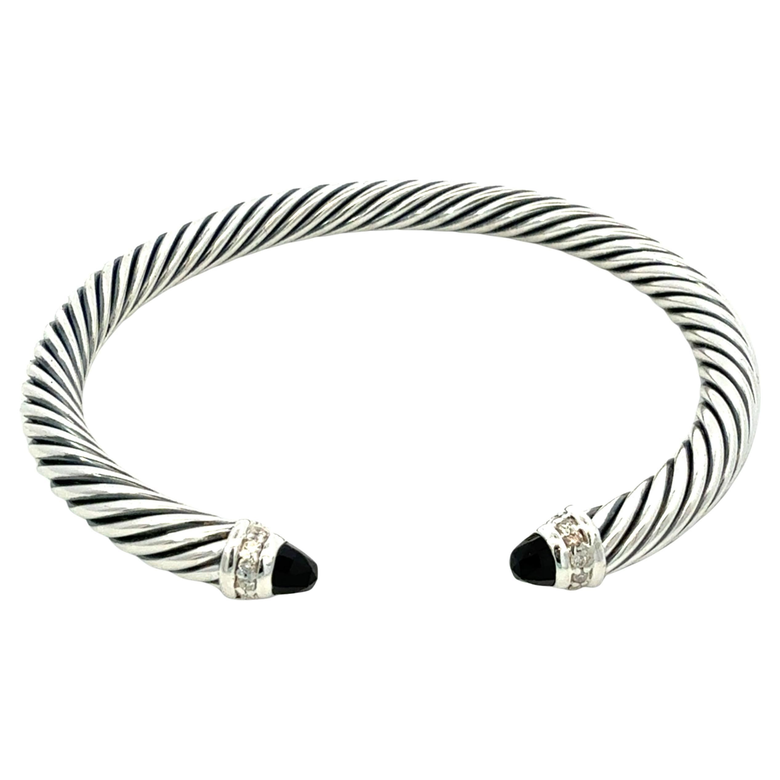 David Yurman Onyx and Diamond 5mm Cuff Bracelet Silver Estate im Angebot