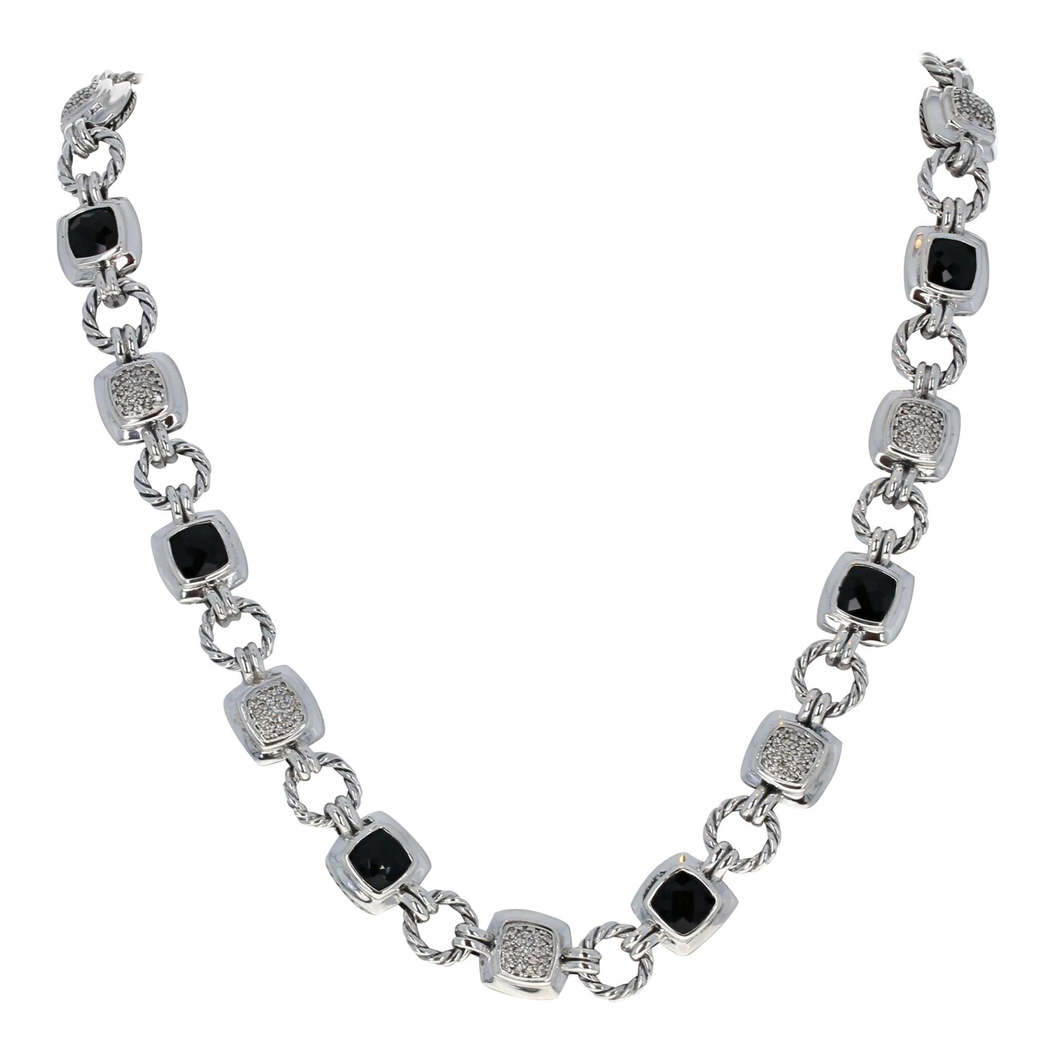 David Yurman Onyx and Diamond Renaissance Necklace, Sterling Link .96 Carat