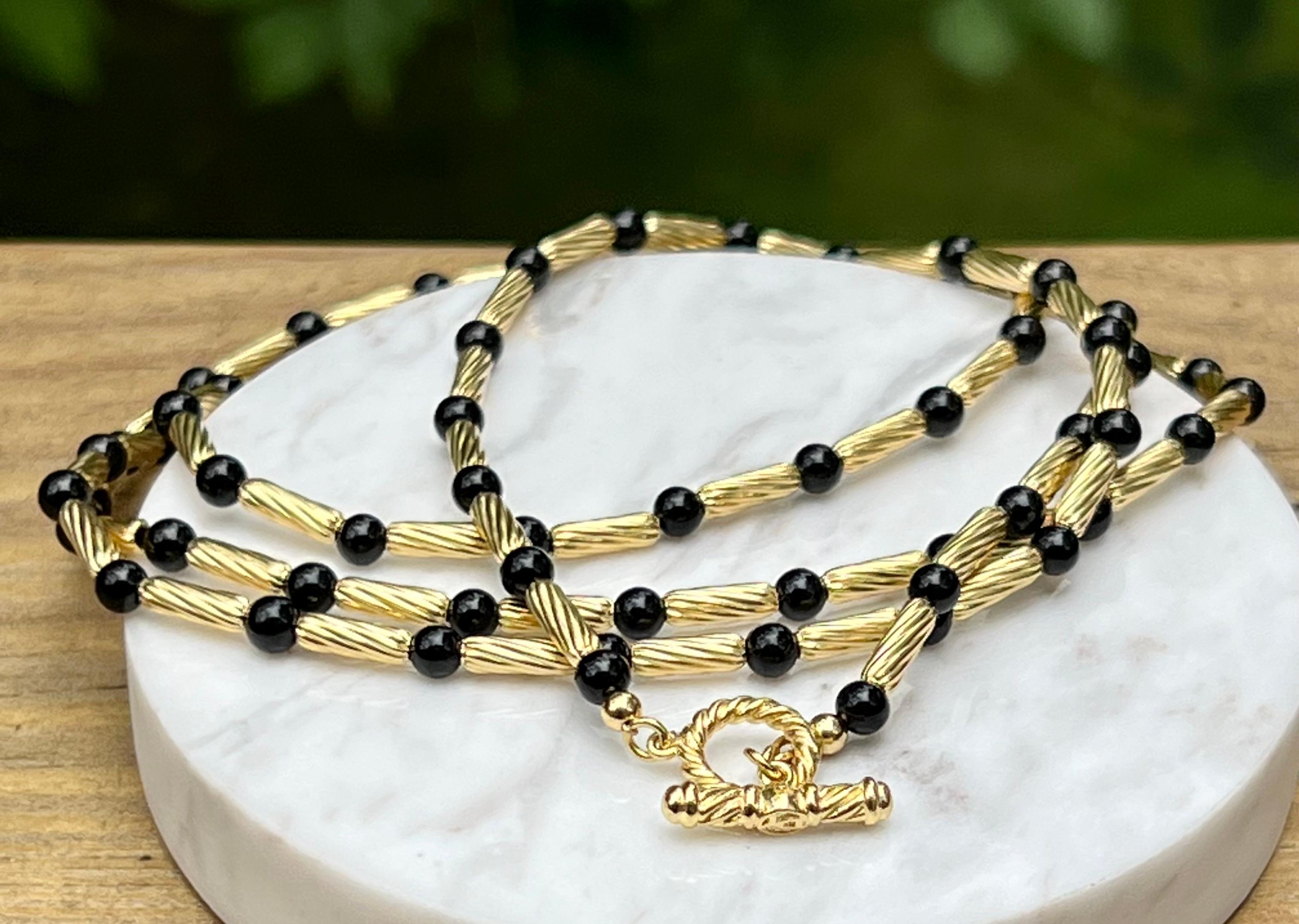 Taille ronde David Yurman, petit collier Hampton en tubes d'onyx et d'or 18 carats