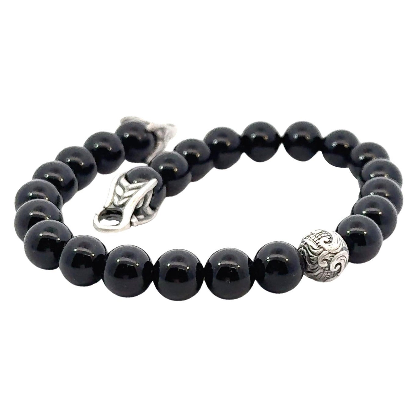 David Yurman Bracciale con perle di preghiera intagliate in onice da 8,5" A. Silver Estate