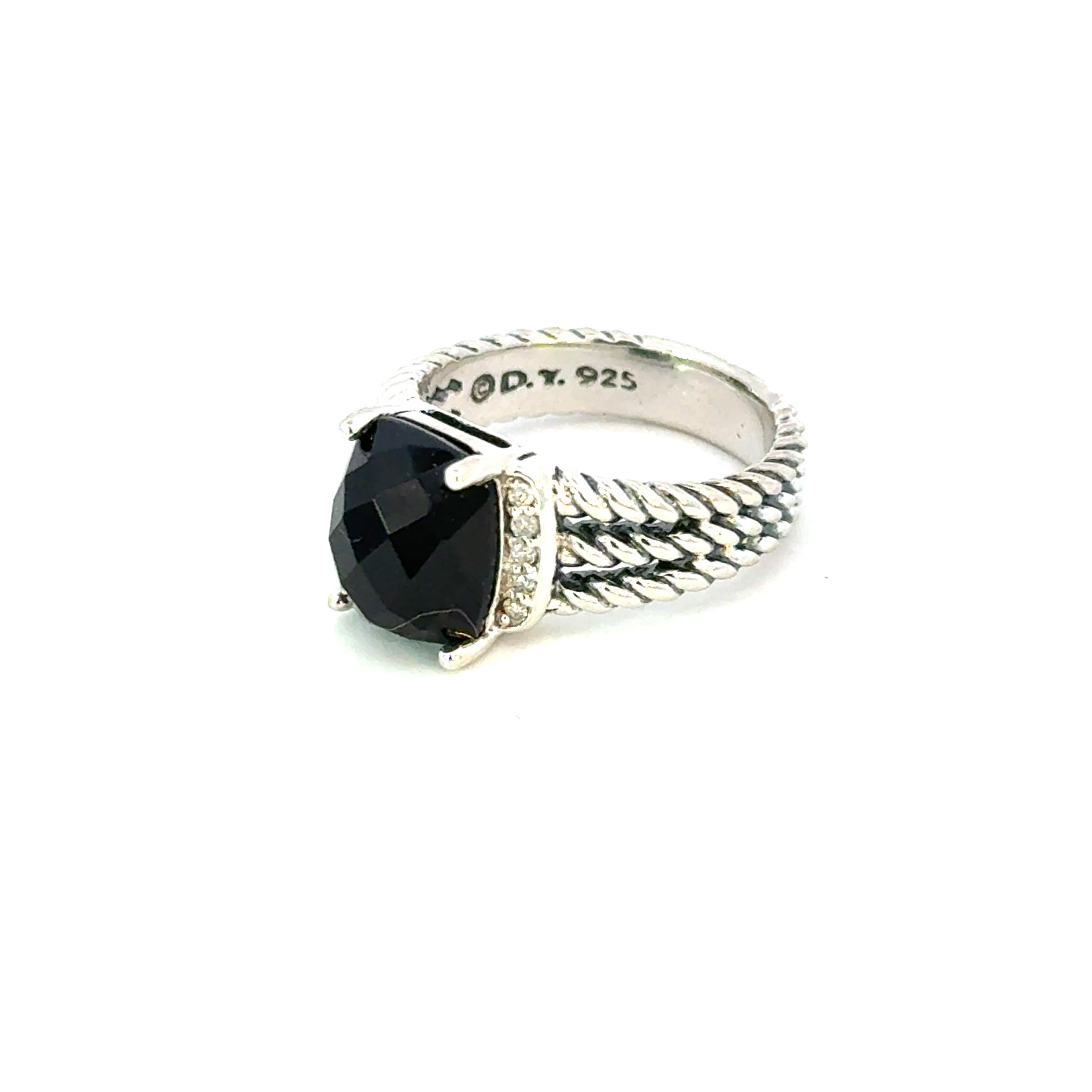 Anillo David Yurman Onyx Diamante Tamaño 5,5 Plata de Ley Estate Corte cojín antiguo en venta