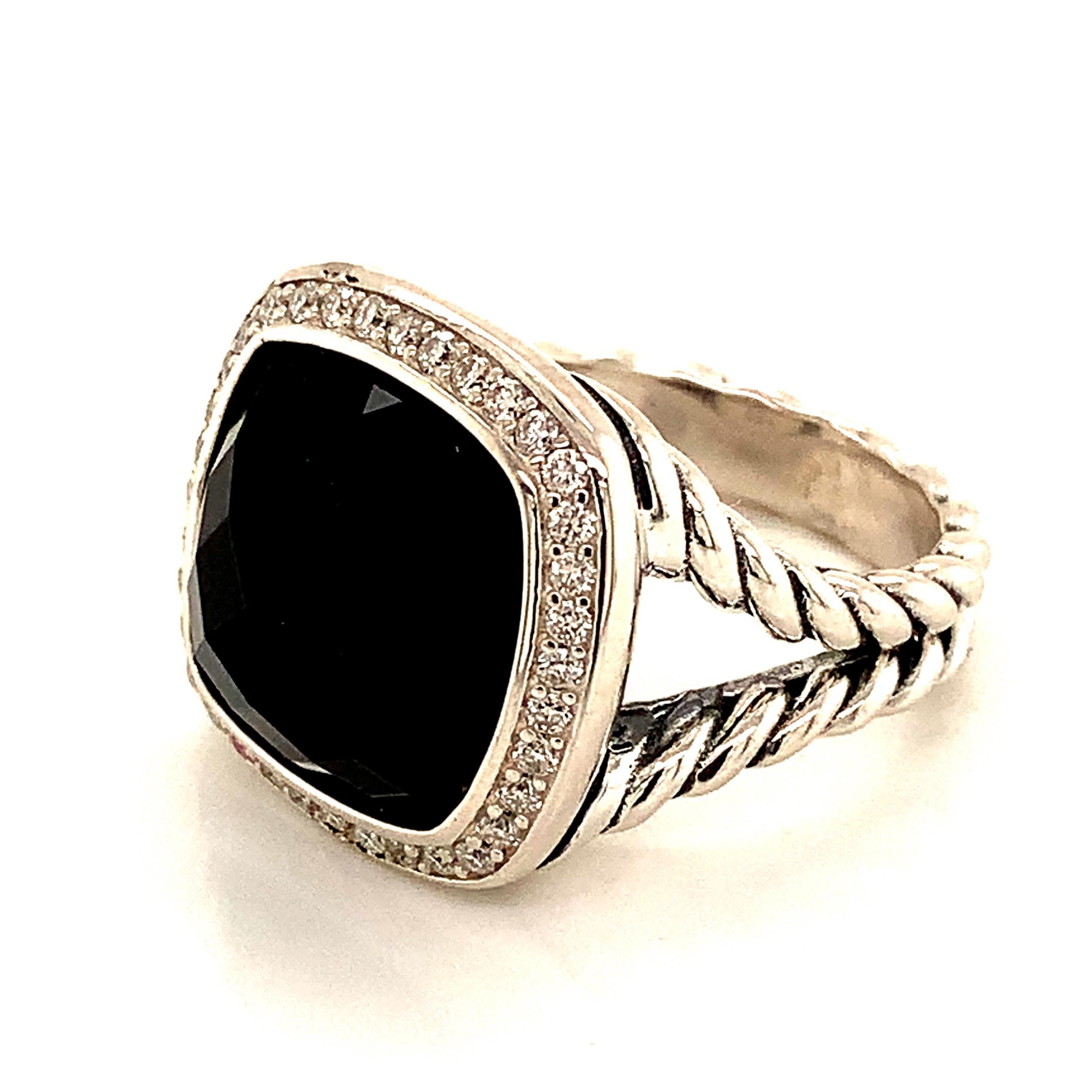 Cushion Cut David Yurman Onyx Diamond Ring Sterling Silver 11.9 Grams