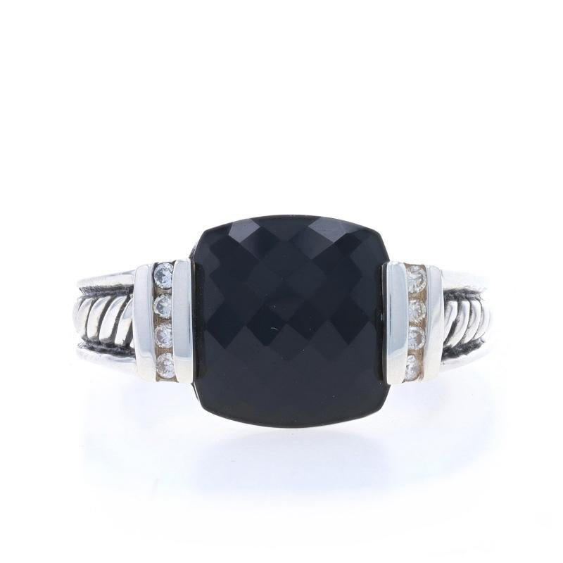 Size: 7

Brand: David Yurman

Metal Content: Sterling Silver

Stone Information

Natural Onyx
Cut: Square Cushion Checkerboard
Color: Black

Natural Diamonds
Carat(s): .08ctw
Cut: Round Brilliant

Style: Solitaire with Accents
Features: Cable