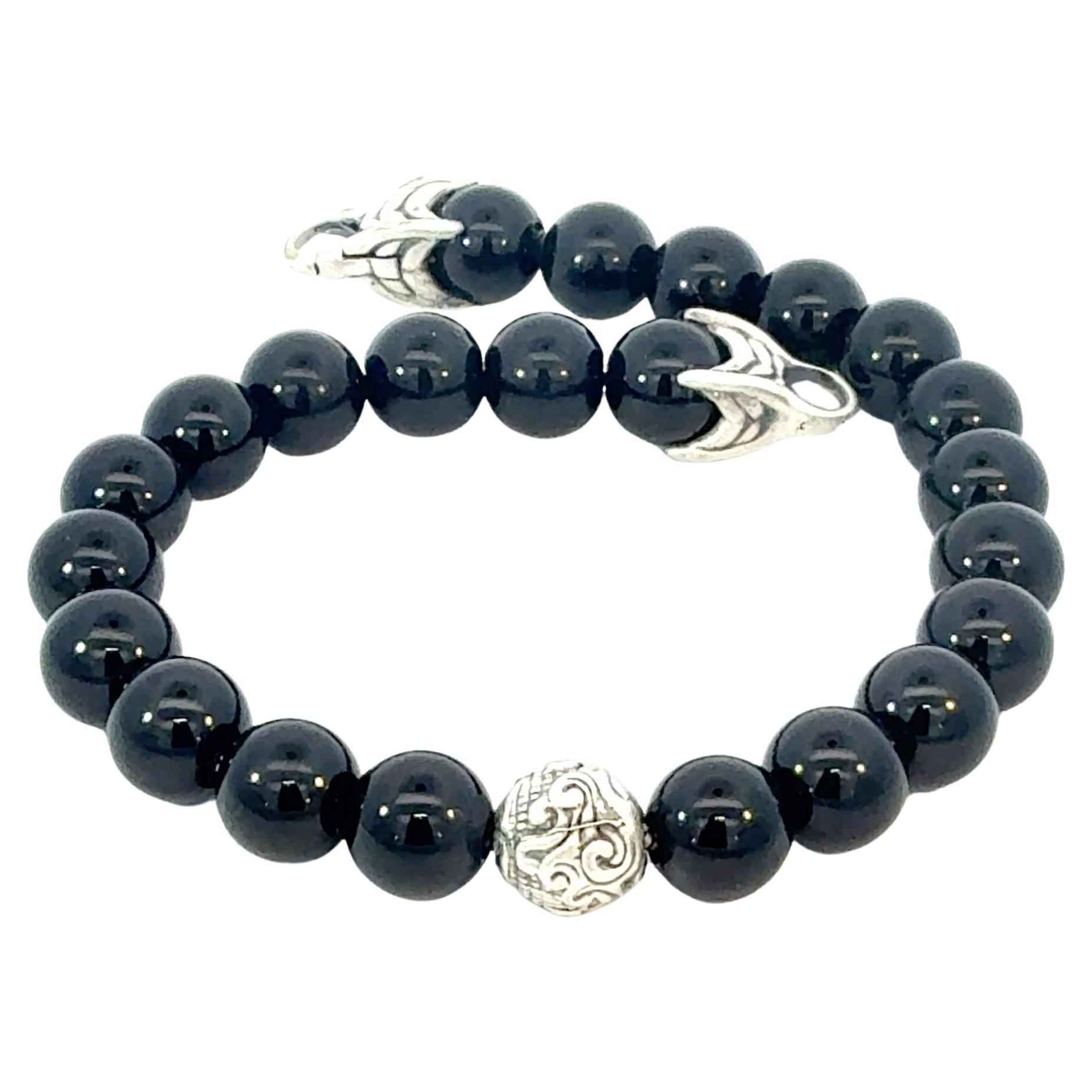 David Yurman Onyx Engraved Spiritual Beads Bracelet 8" Silver Estate For Sale
