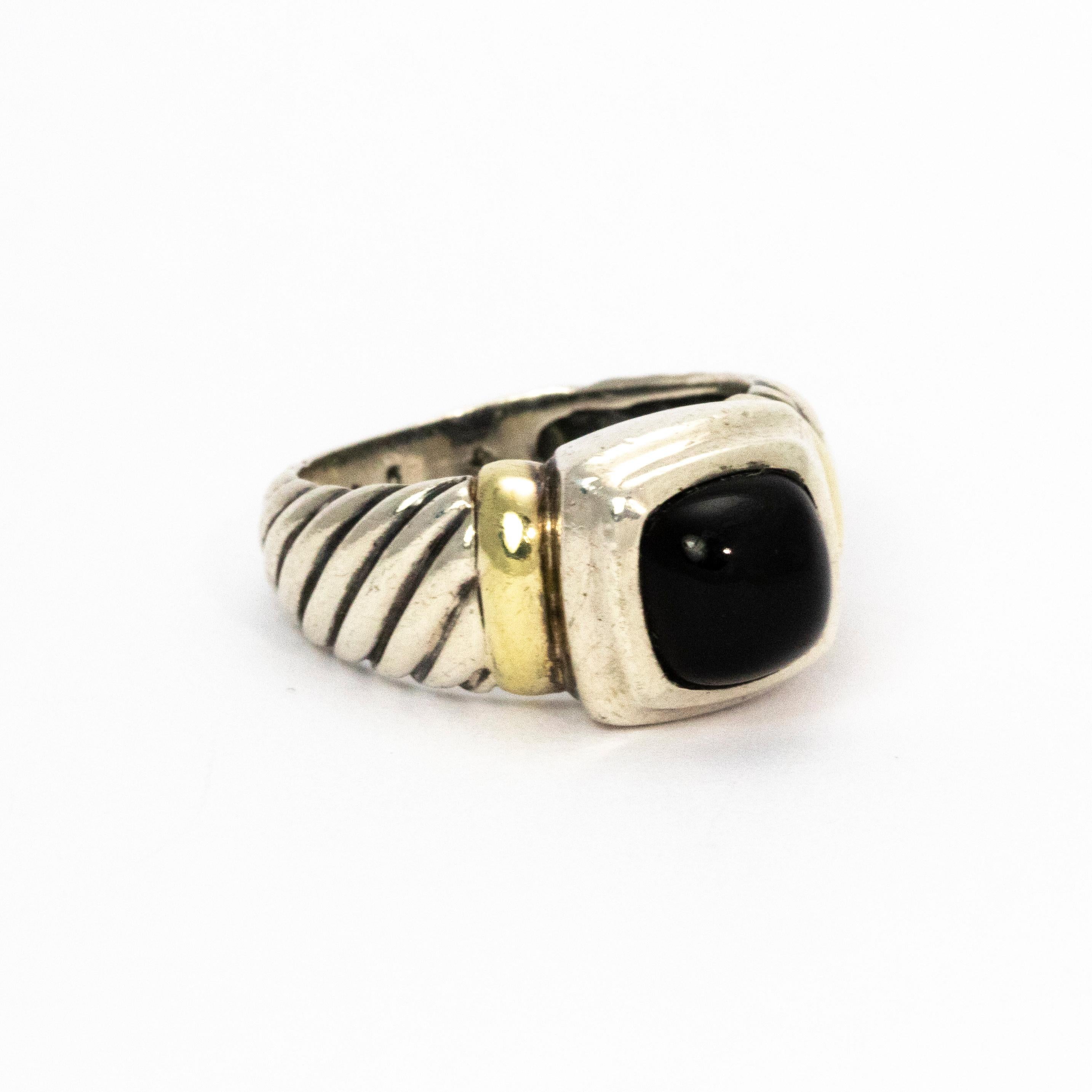 David Yurman Onyx Silver and 14 Karat Gold Ring In Good Condition In Chipping Campden, GB