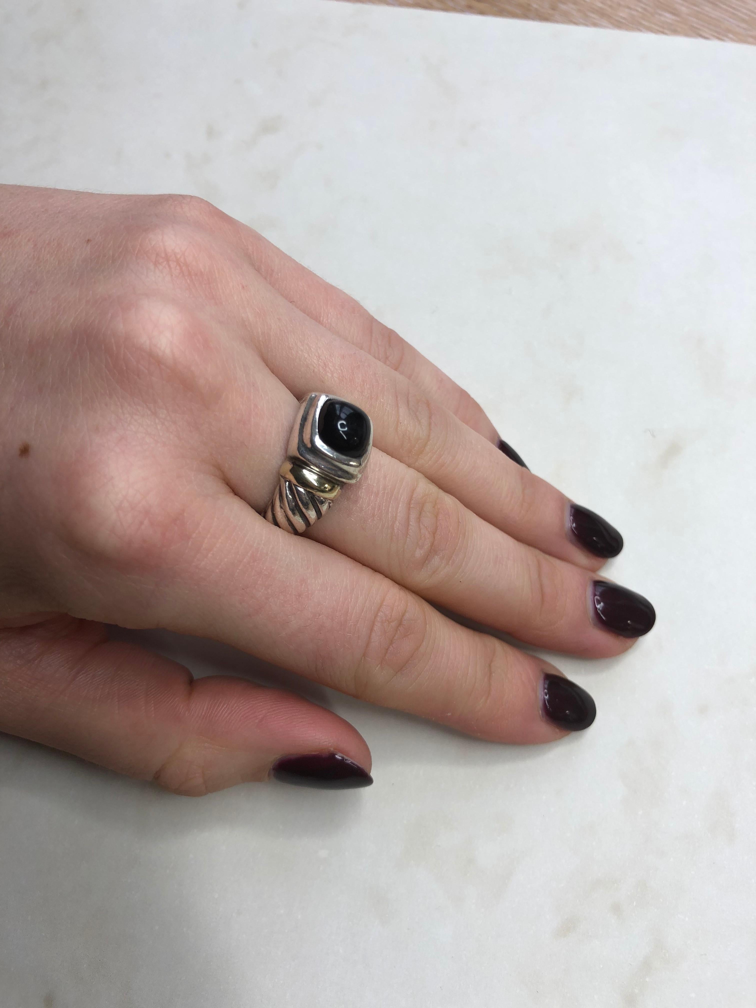 Women's or Men's David Yurman Onyx Silver and 14 Karat Gold Ring