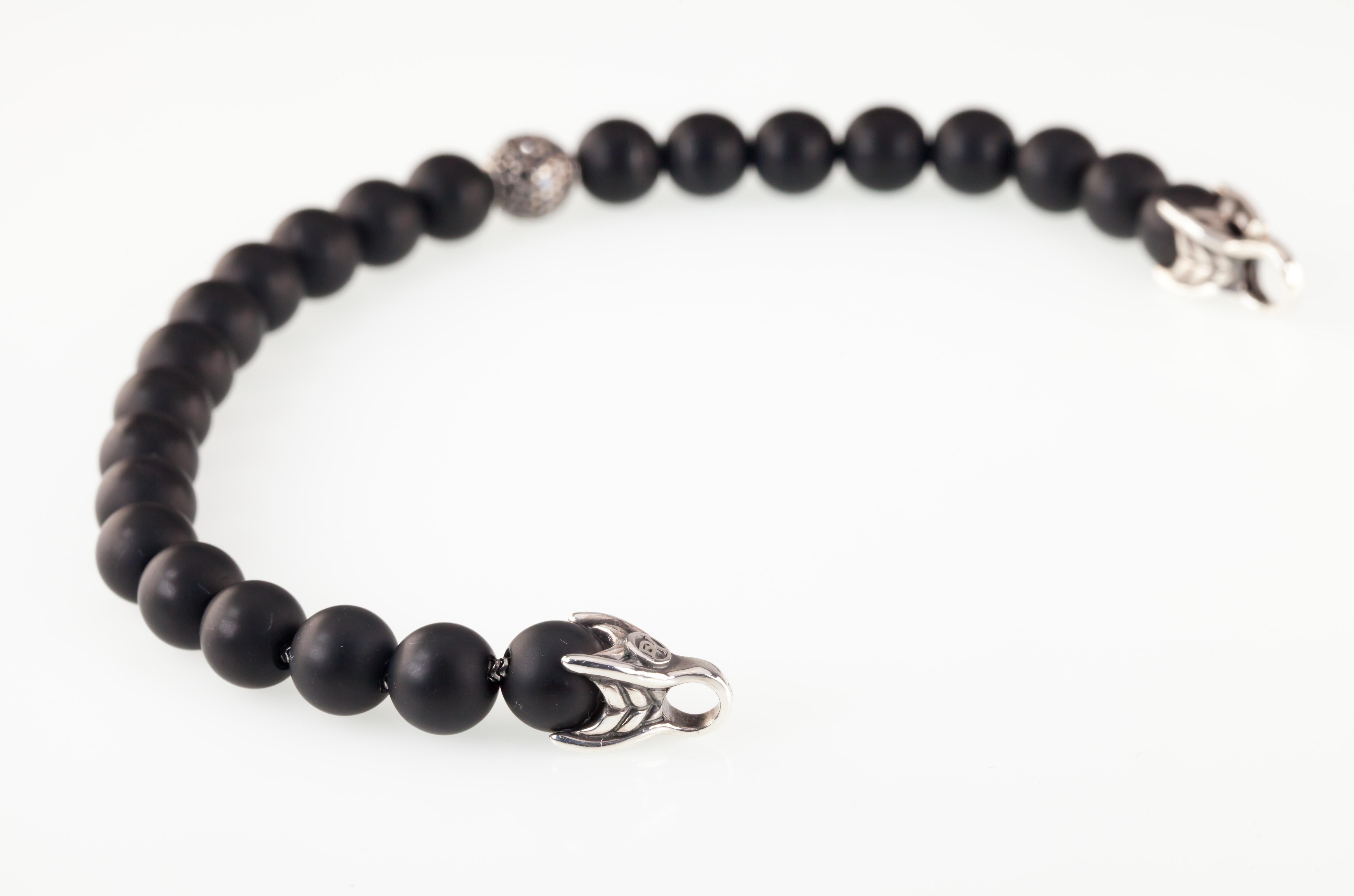 Modern David Yurman Onyx Spiritual Bead Bracelet on Silver Chain w/ Black Diamond Bead