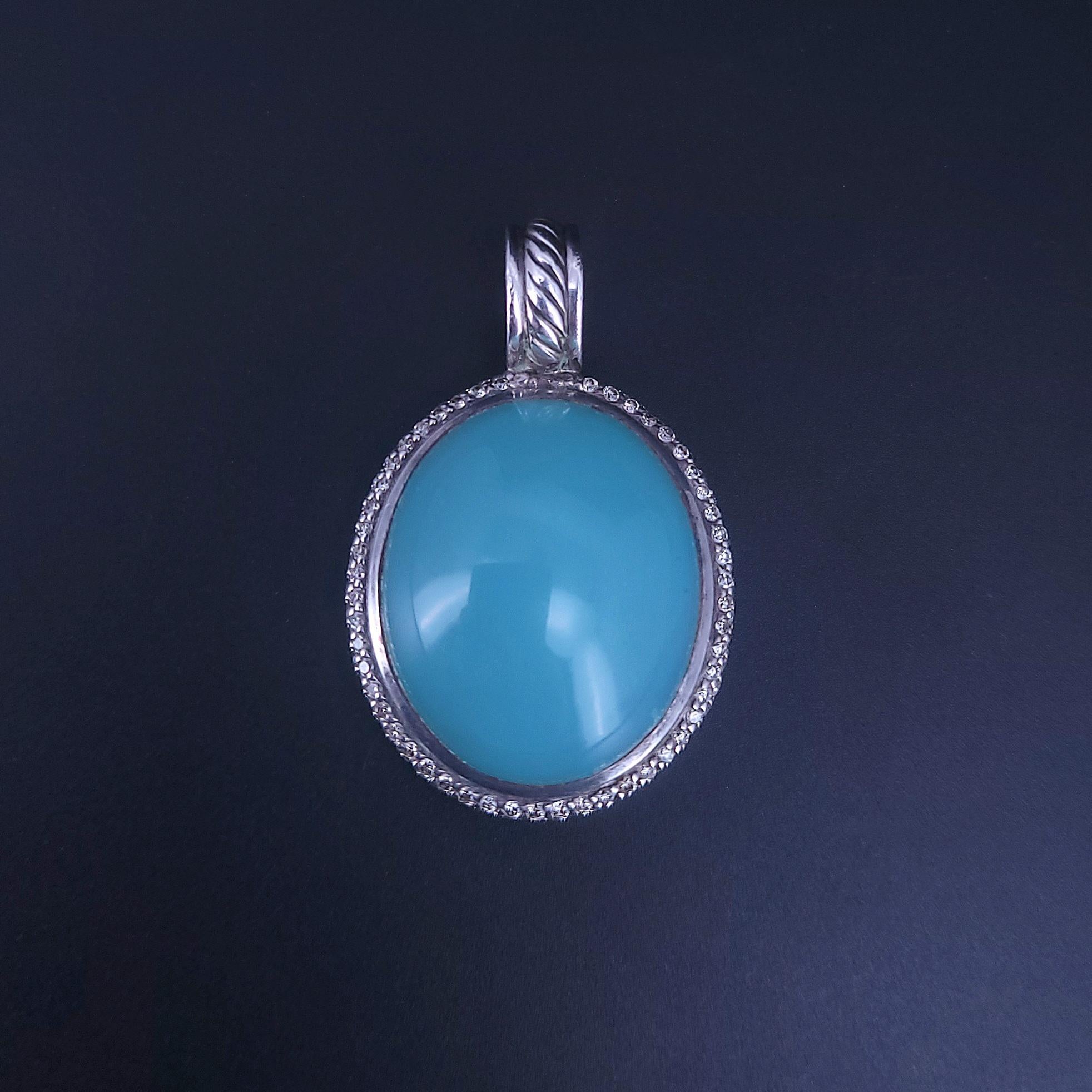 David Yurman Sterling Silver Oval Aqua Chalcedony Diamond Pendant For Sale