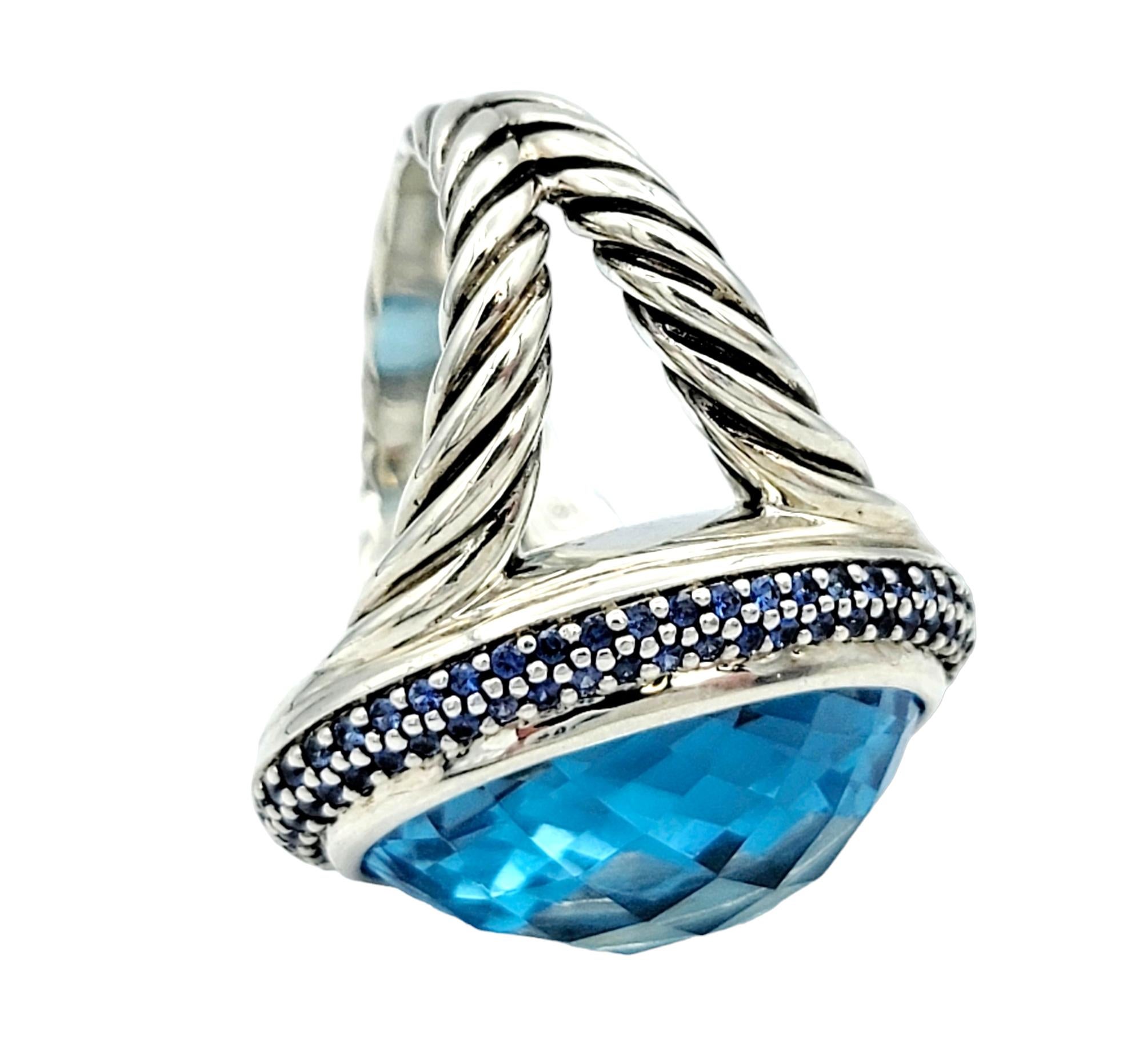 Contemporary David Yurman Oval Blue Topaz and Blue Sapphire Cocktail Ring in Sterling Silver For Sale