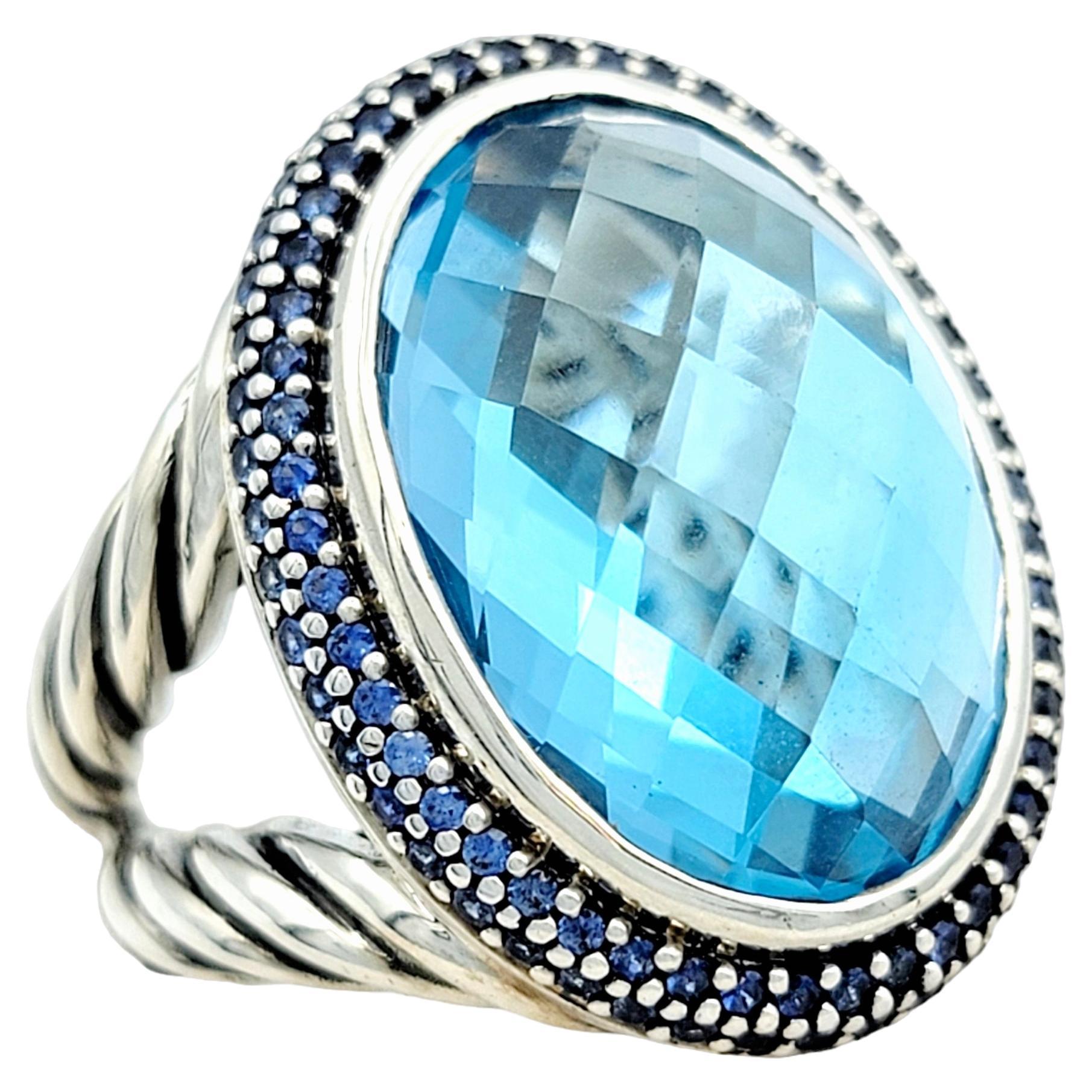 David Yurman Oval Blue Topaz and Blue Sapphire Cocktail Ring in Sterling Silver For Sale