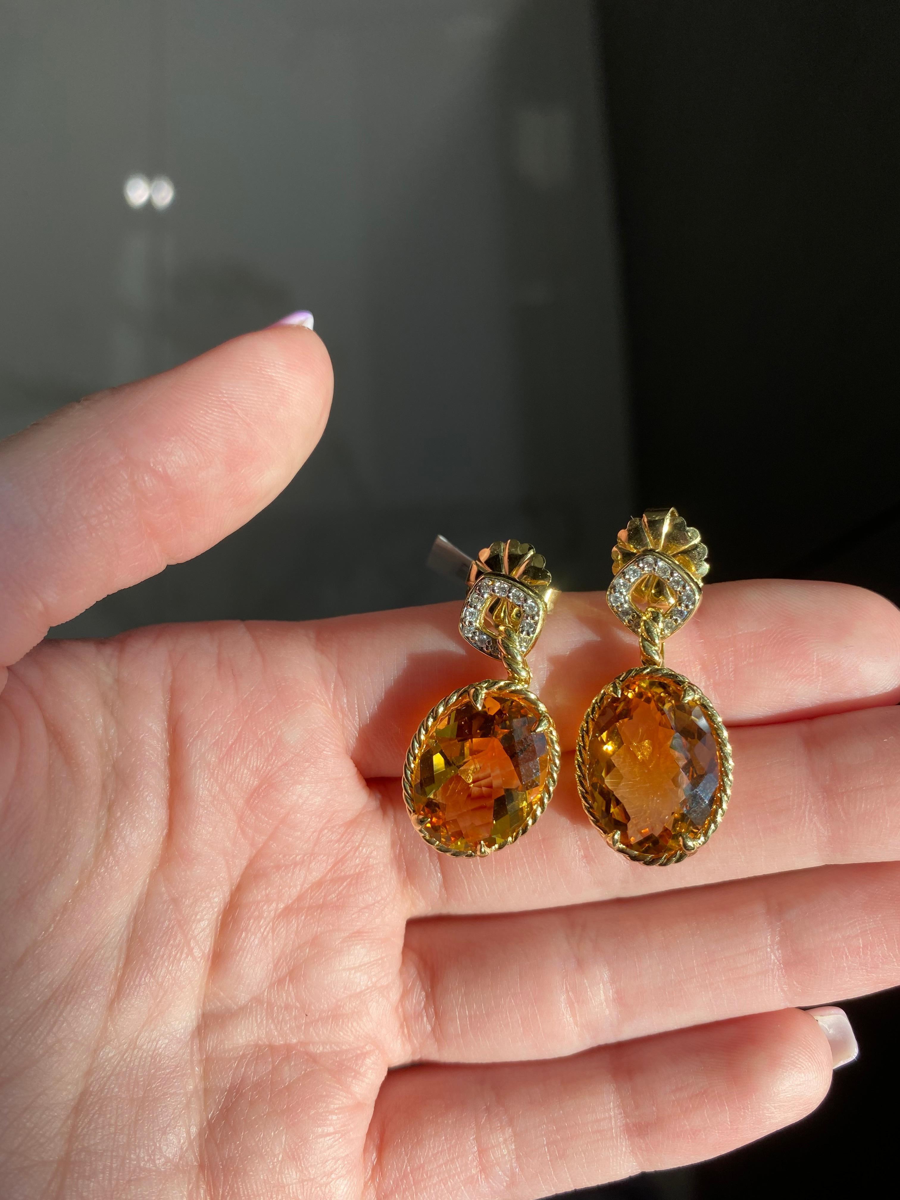 David Yurman Oval Citrine Drop Earrings with 0.25 Carat Round Diamond Halo 18k In Excellent Condition In Houston, TX