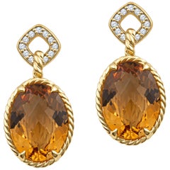 David Yurman Oval Citrine Drop Earrings with 0.25 Carat Round Diamond Halo 18k