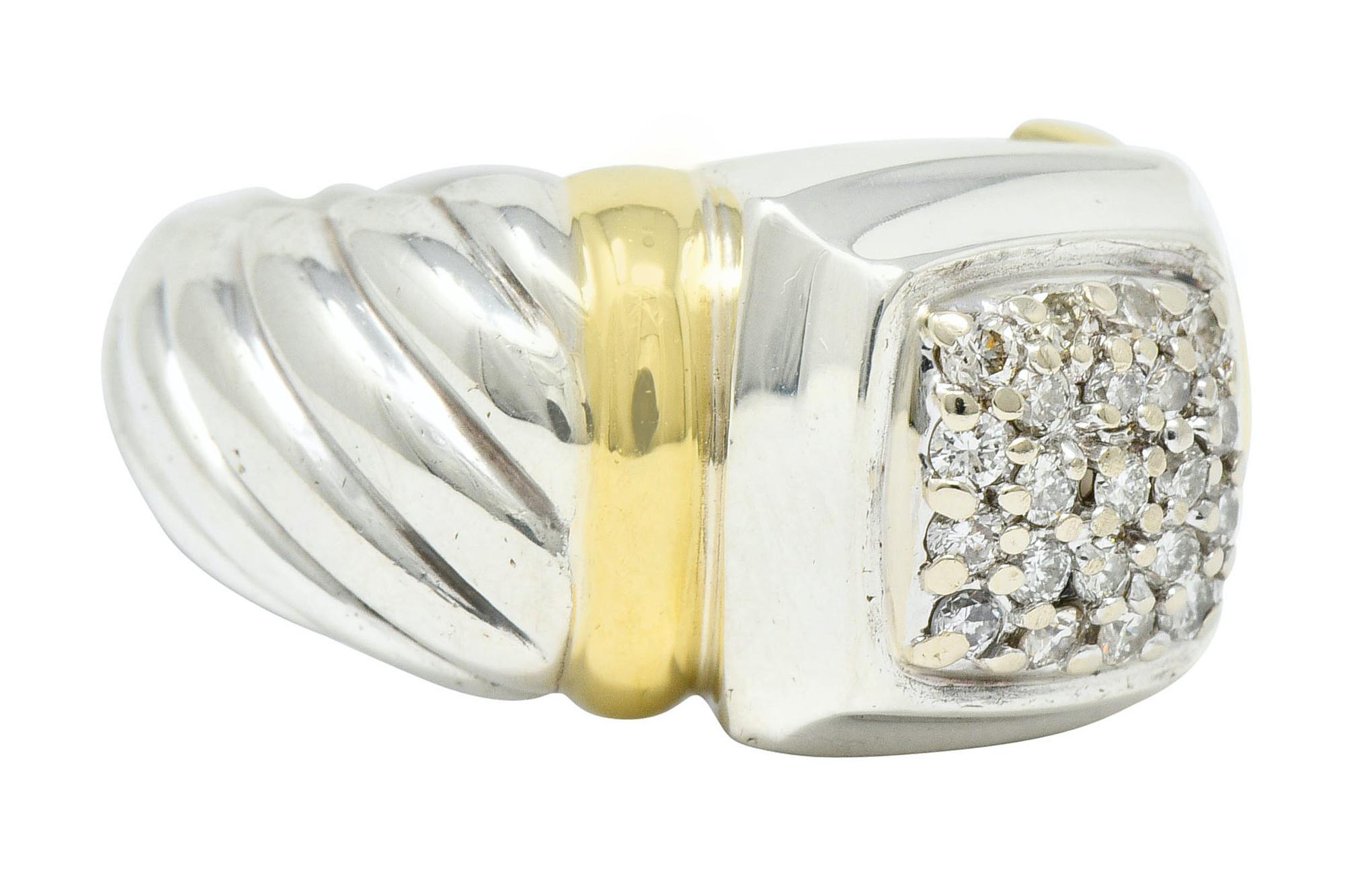 Ring features a pavè cushion center of round brilliant cut diamonds

Weighing in total approximately 0.35 carat with G/H color and SI clarity

Flanked by gold bar shoulders and a sterling silver twisted cable motif shank

Stamped 925 and 750 for