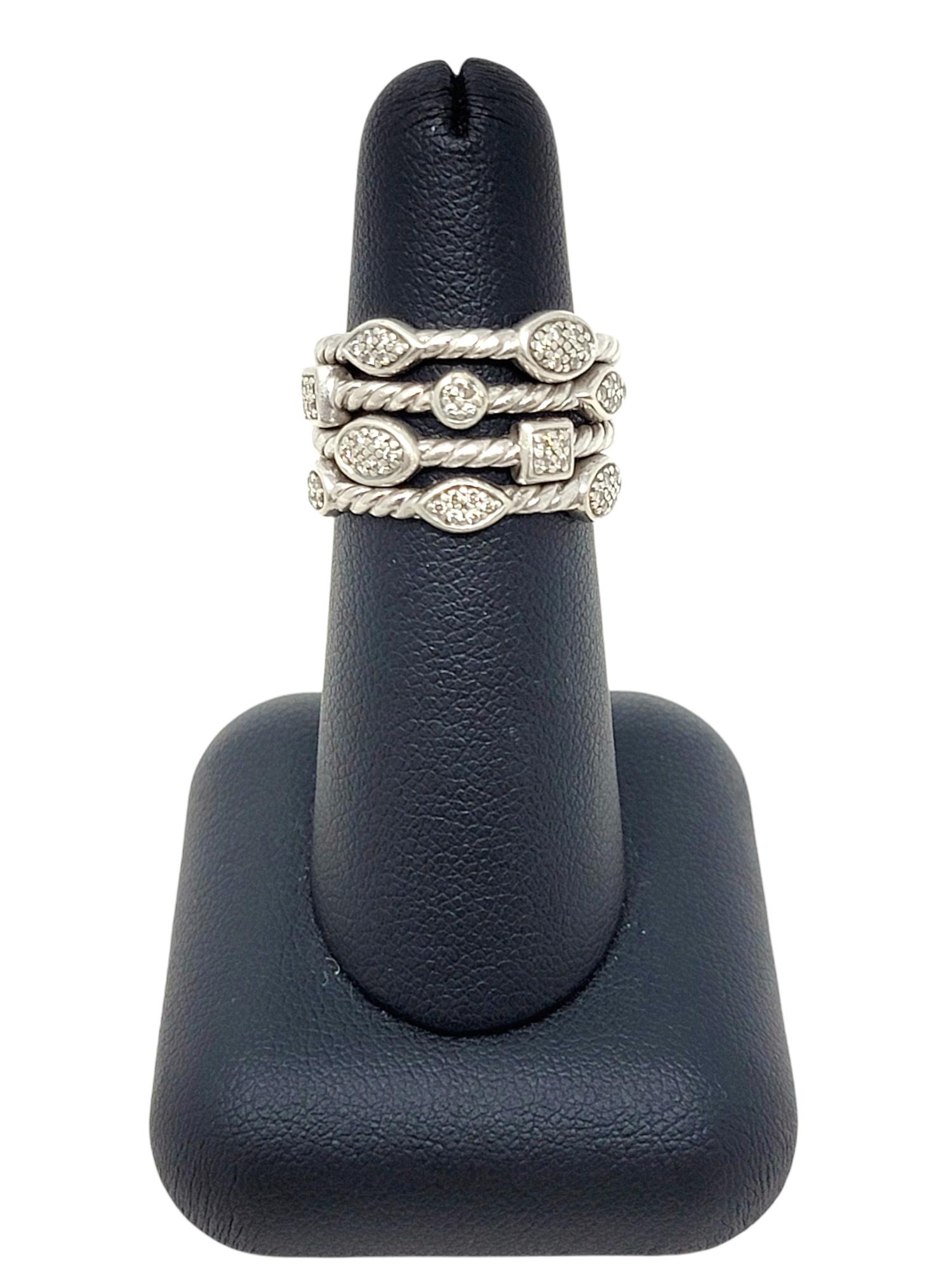 Women's David Yurman Pave Diamond Confetti 4 Row Cable Ring in Sterling Silver