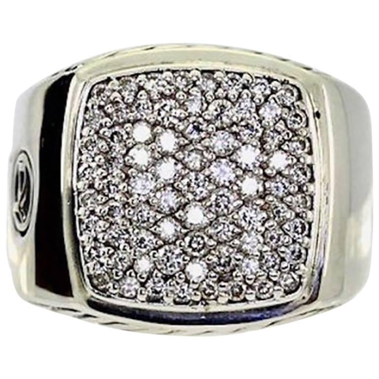 David Yurman Pave Signet Ring Round Brilliant 1.62 Carat Diamond Sterling Silver