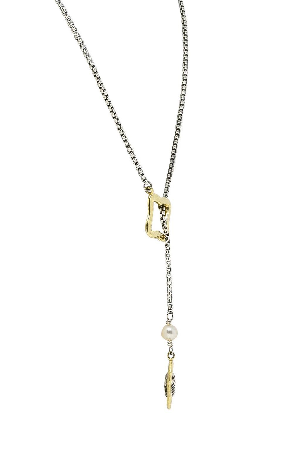 Contemporary David Yurman Pearl 18 Karat Gold Sterling Silver Quatrefoil Lariat Necklace
