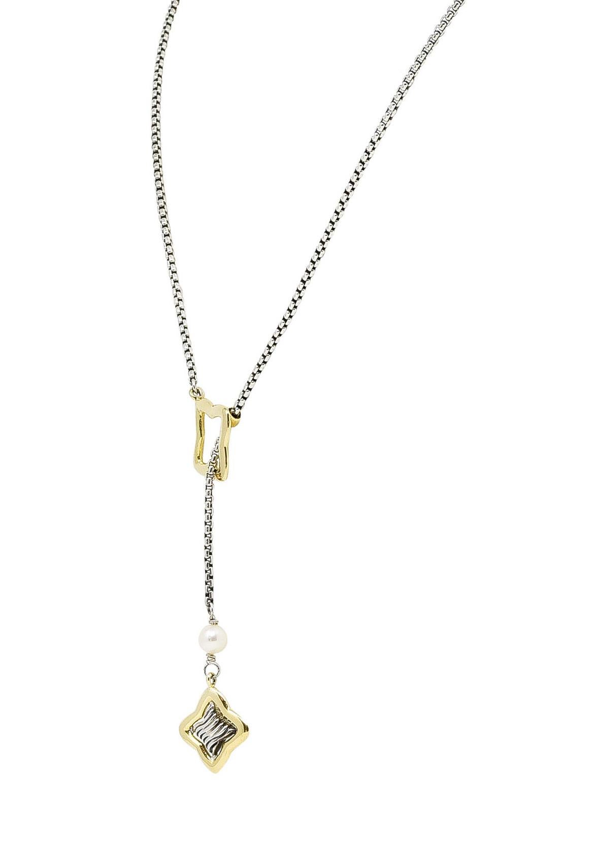 Contemporary David Yurman Pearl 18 Karat Gold Sterling Silver Quatrefoil Lariat Necklace