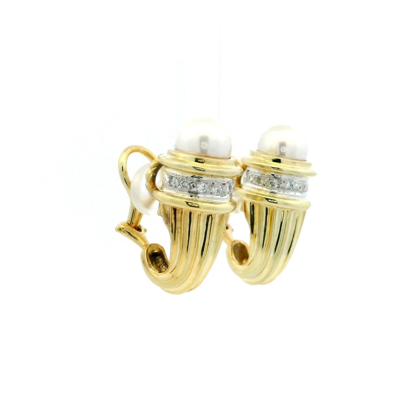 Modern David Yurman Pearl Diamond Clip Earrings 14 Karat Yellow & White Gold For Sale