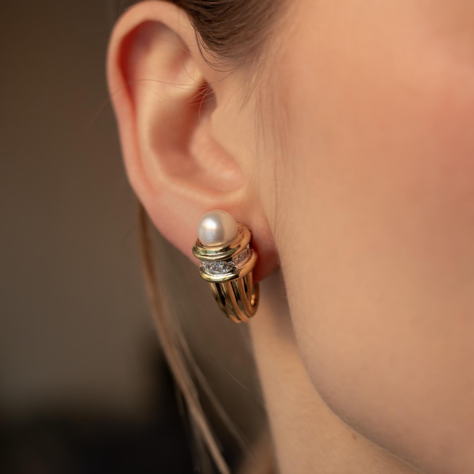 Round Cut David Yurman Pearl Diamond Clip Earrings 14 Karat Yellow & White Gold For Sale