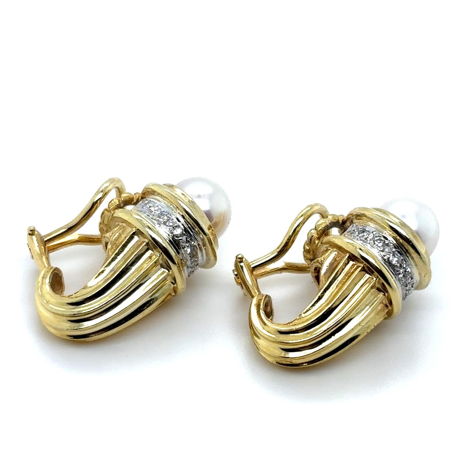Women's David Yurman Pearl Diamond Clip Earrings 14 Karat Yellow & White Gold For Sale
