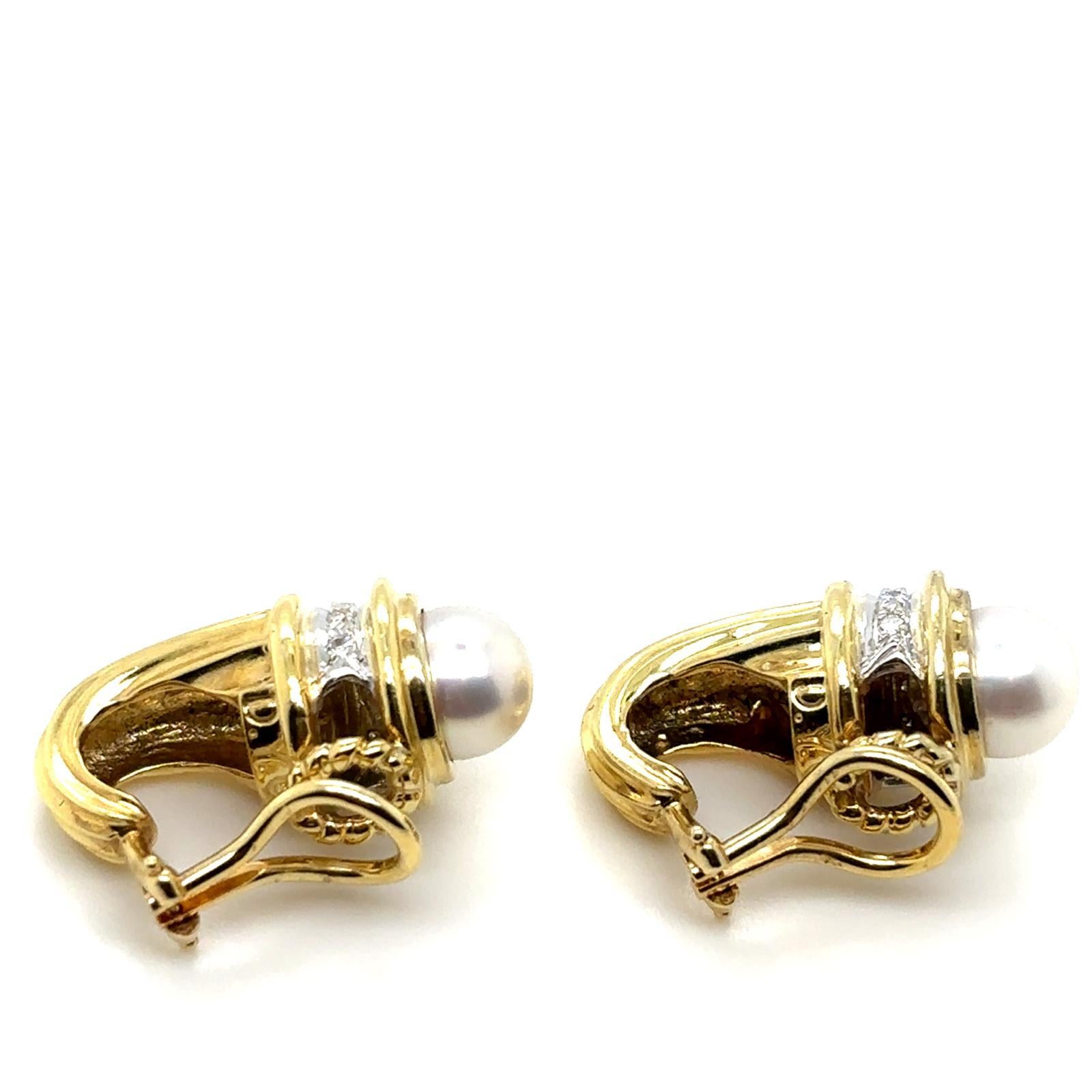 David Yurman Pearl Diamond Clip Earrings 14 Karat Yellow & White Gold For Sale 1