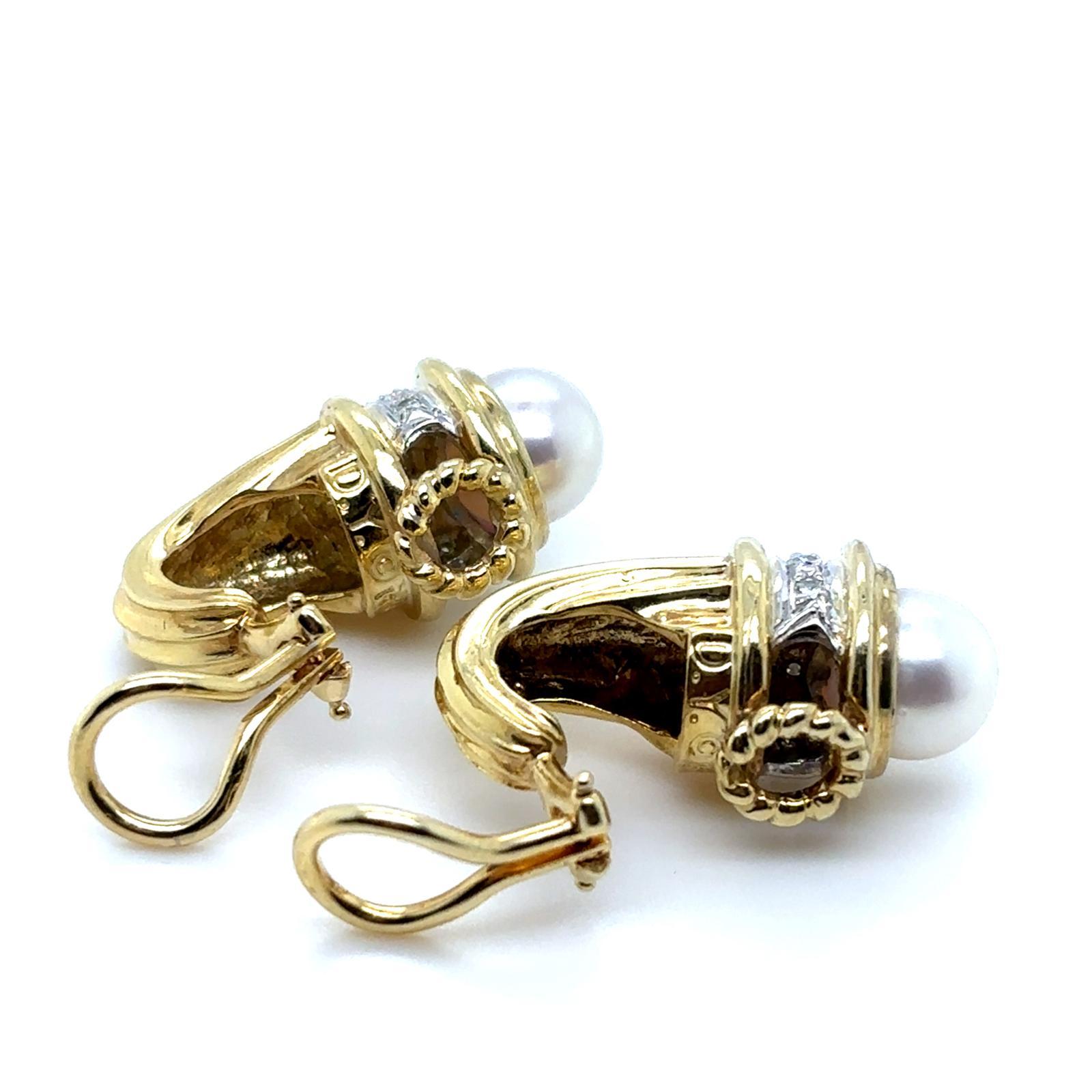 David Yurman Pearl Diamond Clip Earrings 14 Karat Yellow & White Gold For Sale 3