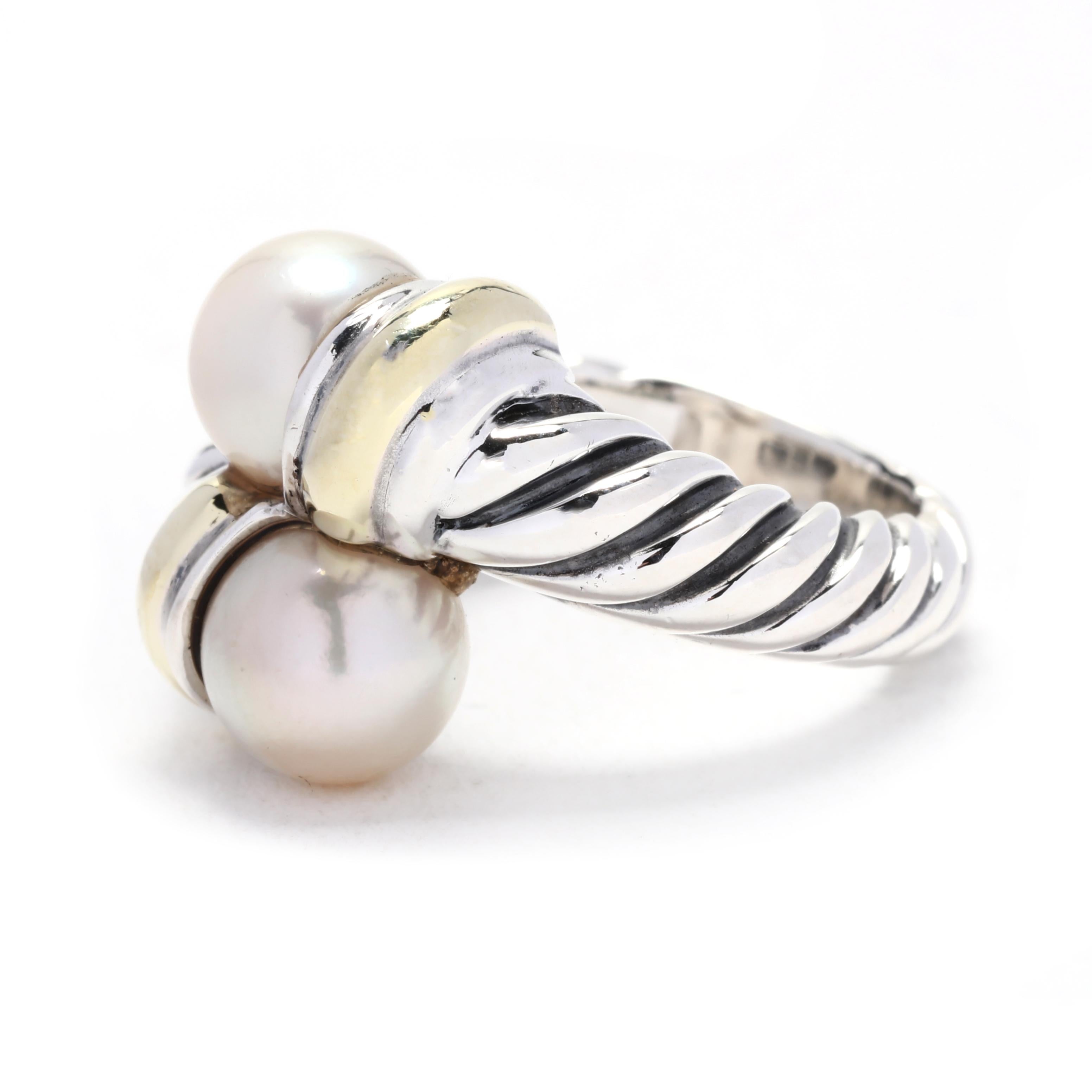 David Yurman Pearl Ring, 14K Yellow Gold Sterling Silver, Ring Size 5.75 In Good Condition In McLeansville, NC