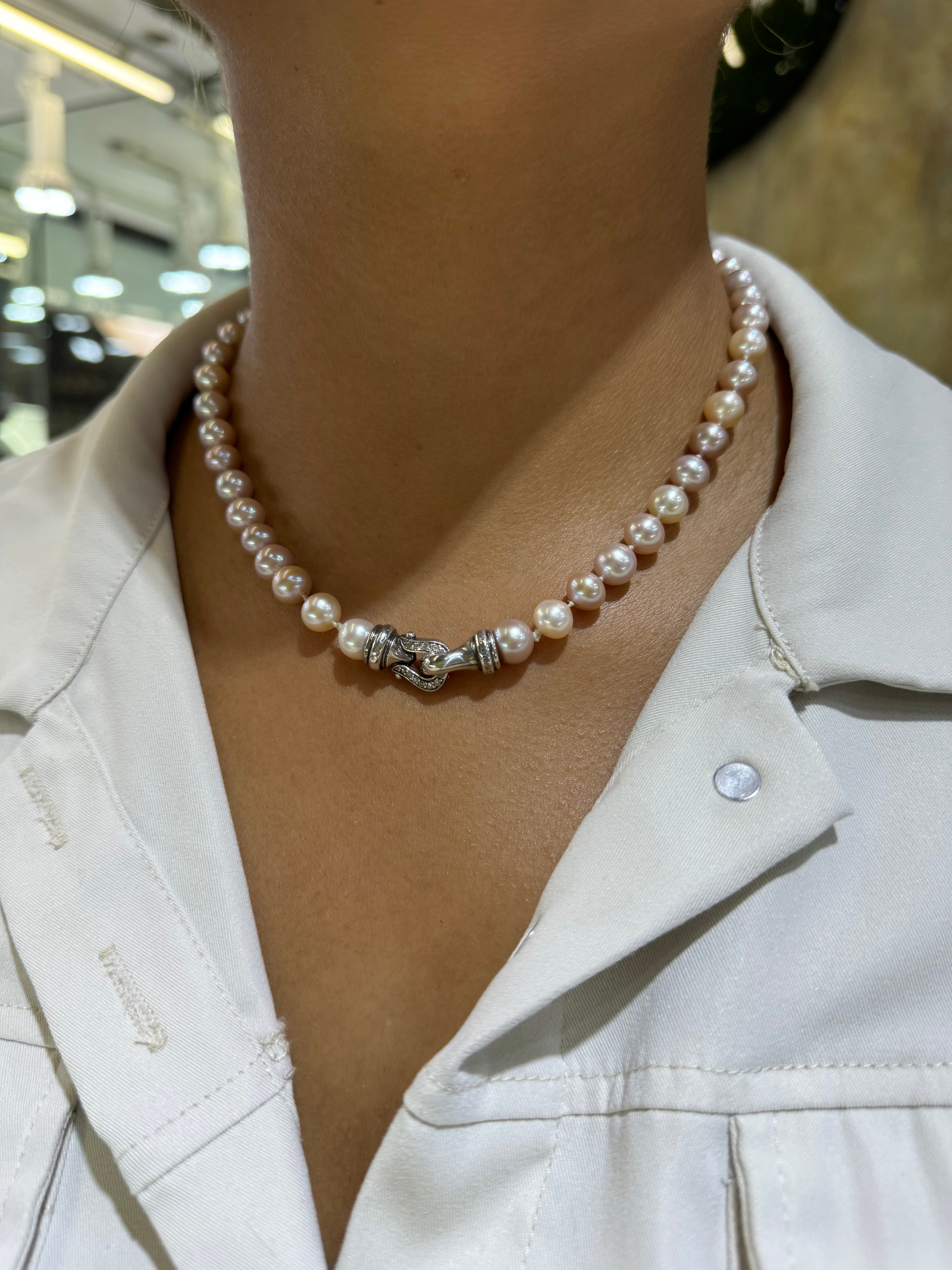 Round Cut David Yurman Pearl Strand Necklace With Natural Diamonds & Hook Buckle Clasp 18