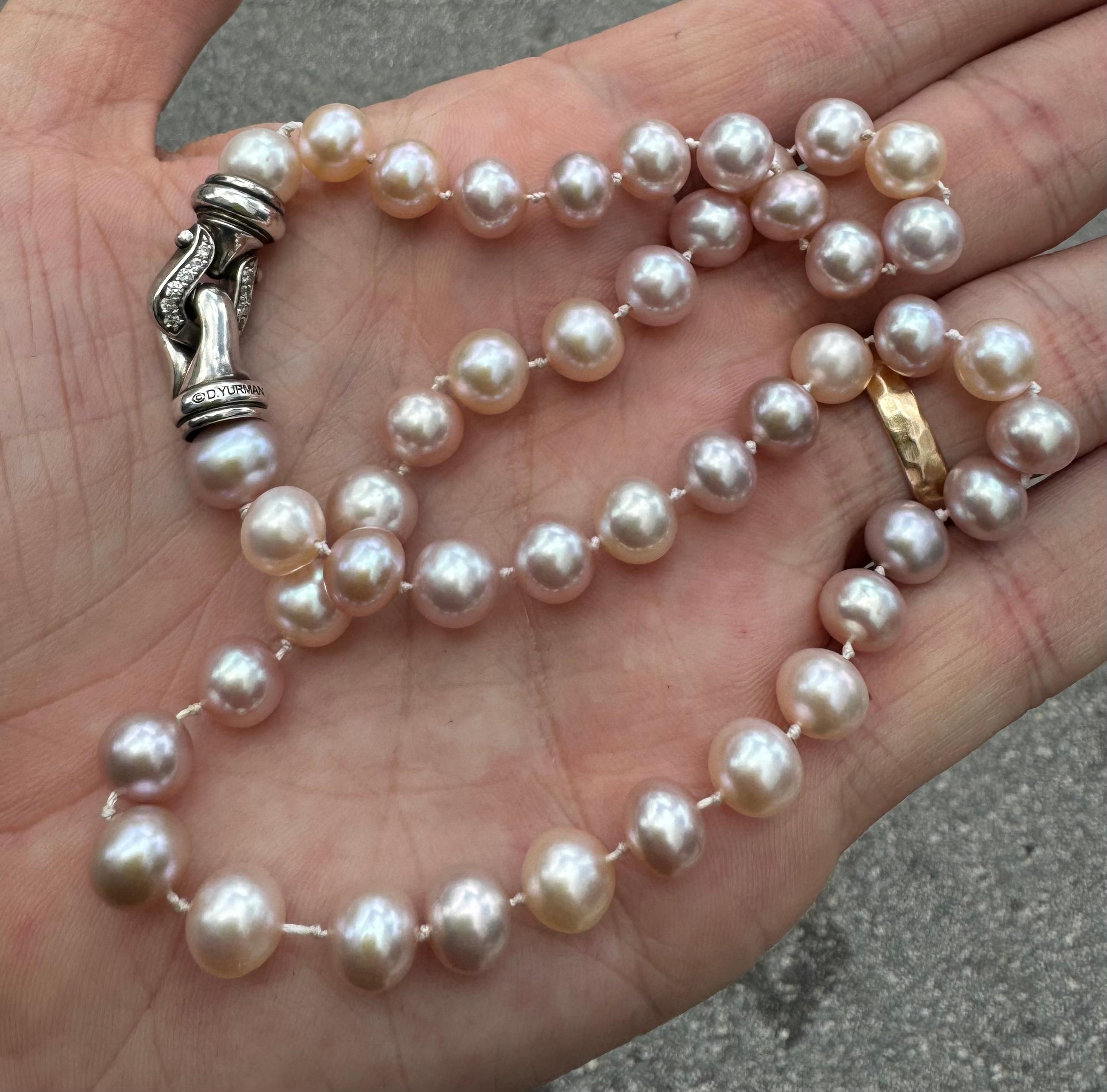 David Yurman Pearl Strand Necklace With Natural Diamonds & Hook Buckle Clasp 18